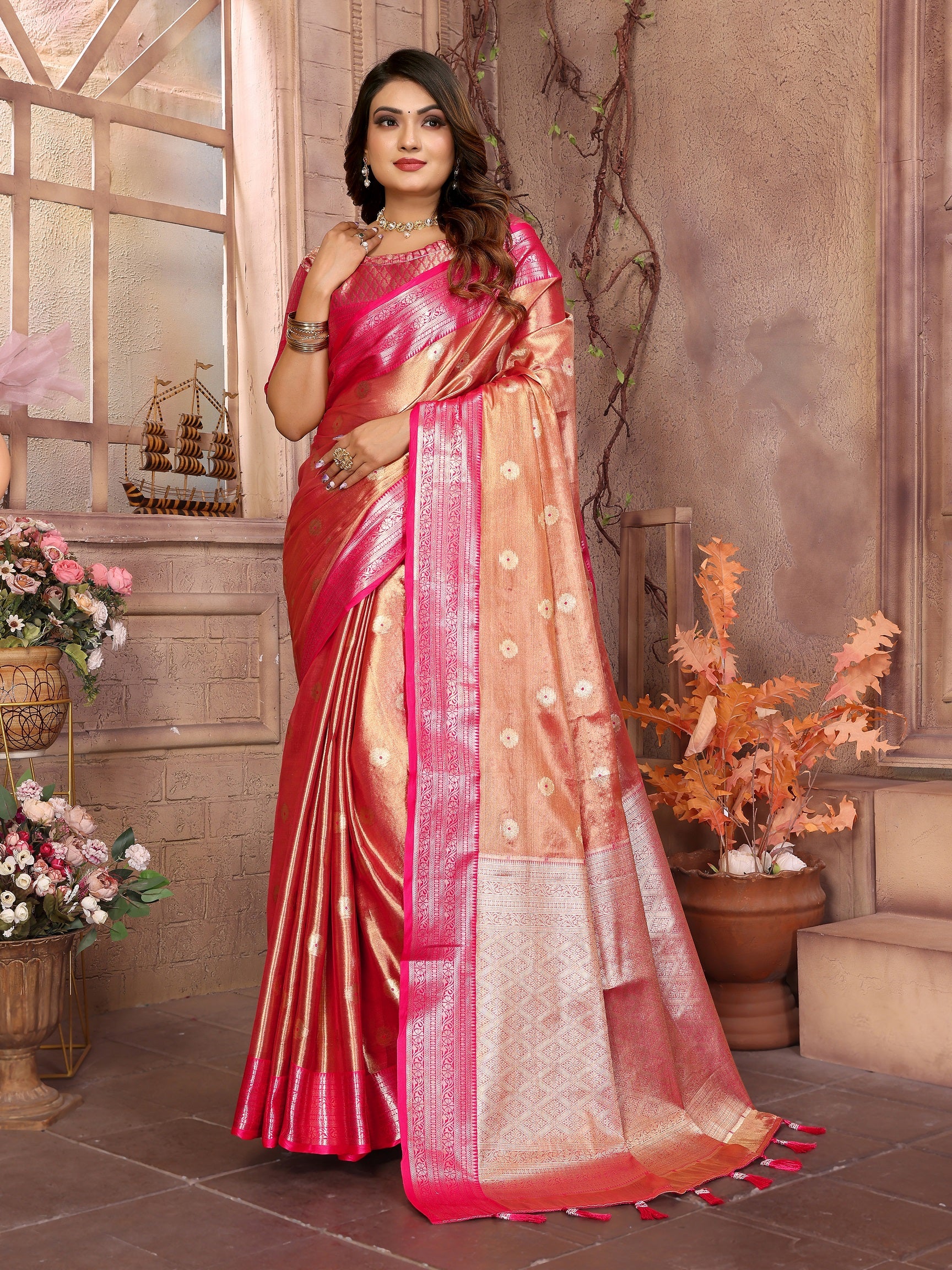 Vedant Vastram Tissue Silk Kanjeevaram Silk Saree - Rani - Distacart