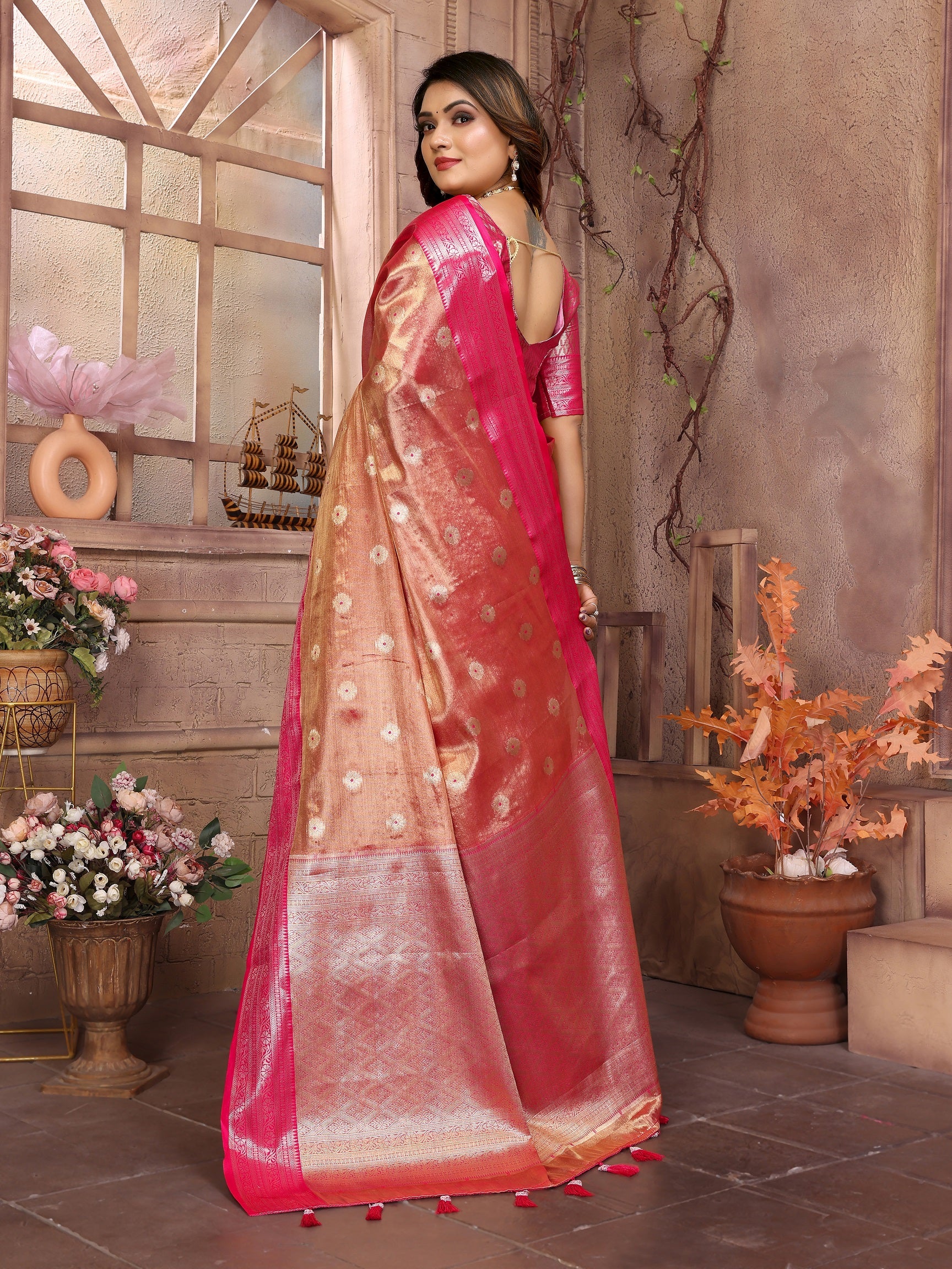 Vedant Vastram Tissue Silk Kanjeevaram Silk Saree - Rani - Distacart