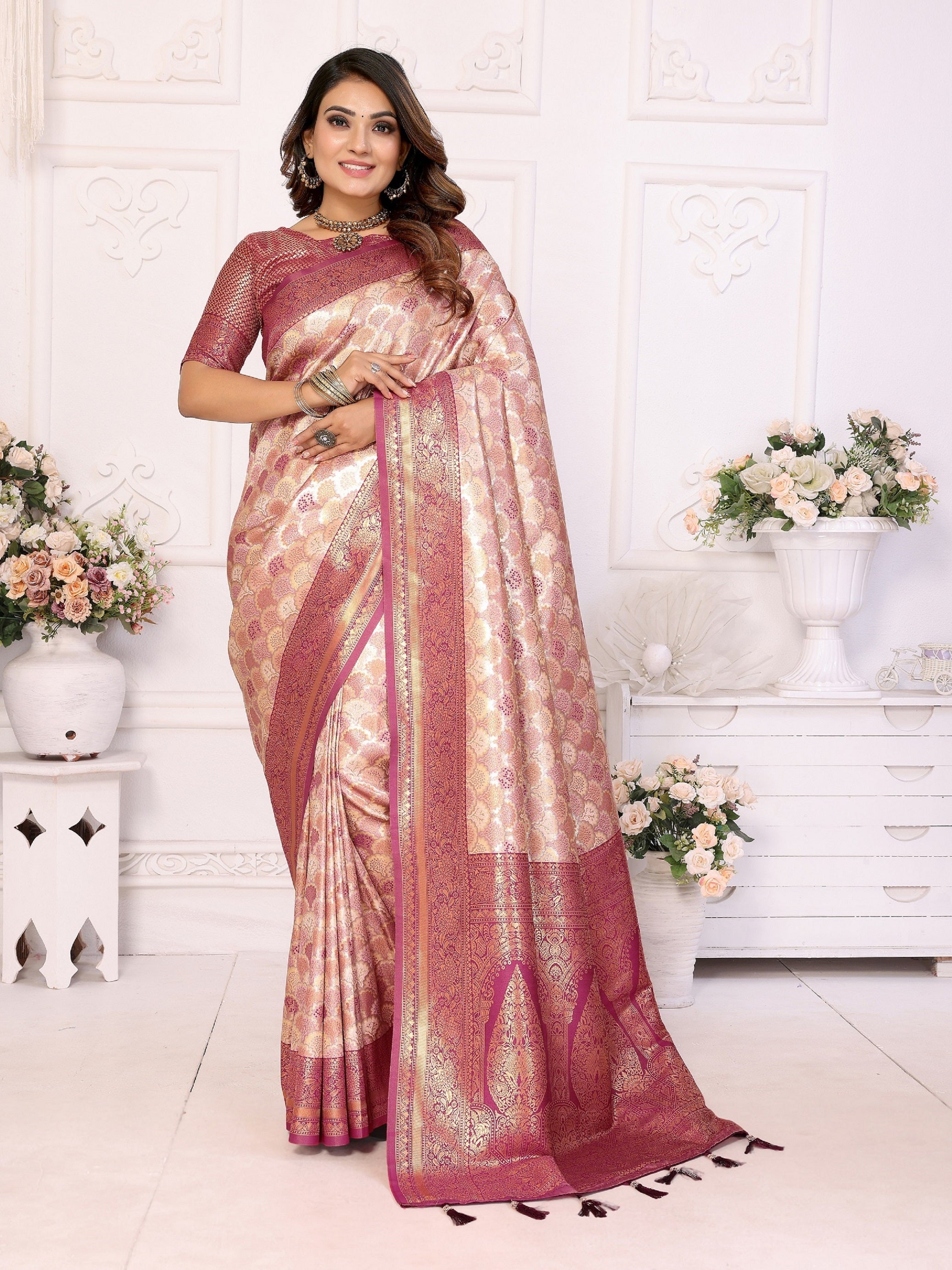 Vedant Vastram Soft Litchi Silk Kanjeevaram Silk Saree - Beige - Distacart