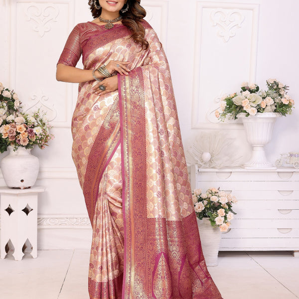 Vedant Vastram Soft Litchi Silk Kanjeevaram Silk Saree - Beige - Distacart