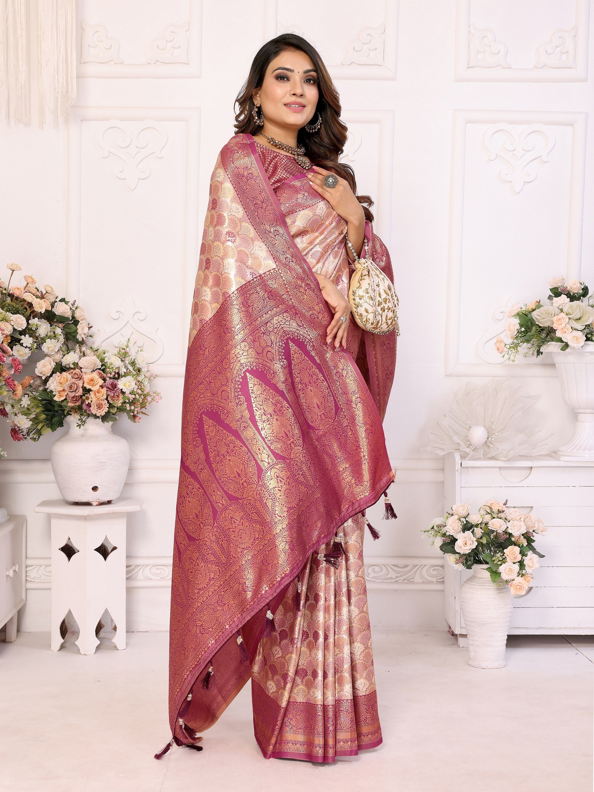 Vedant Vastram Soft Litchi Silk Kanjeevaram Silk Saree - Beige - Distacart