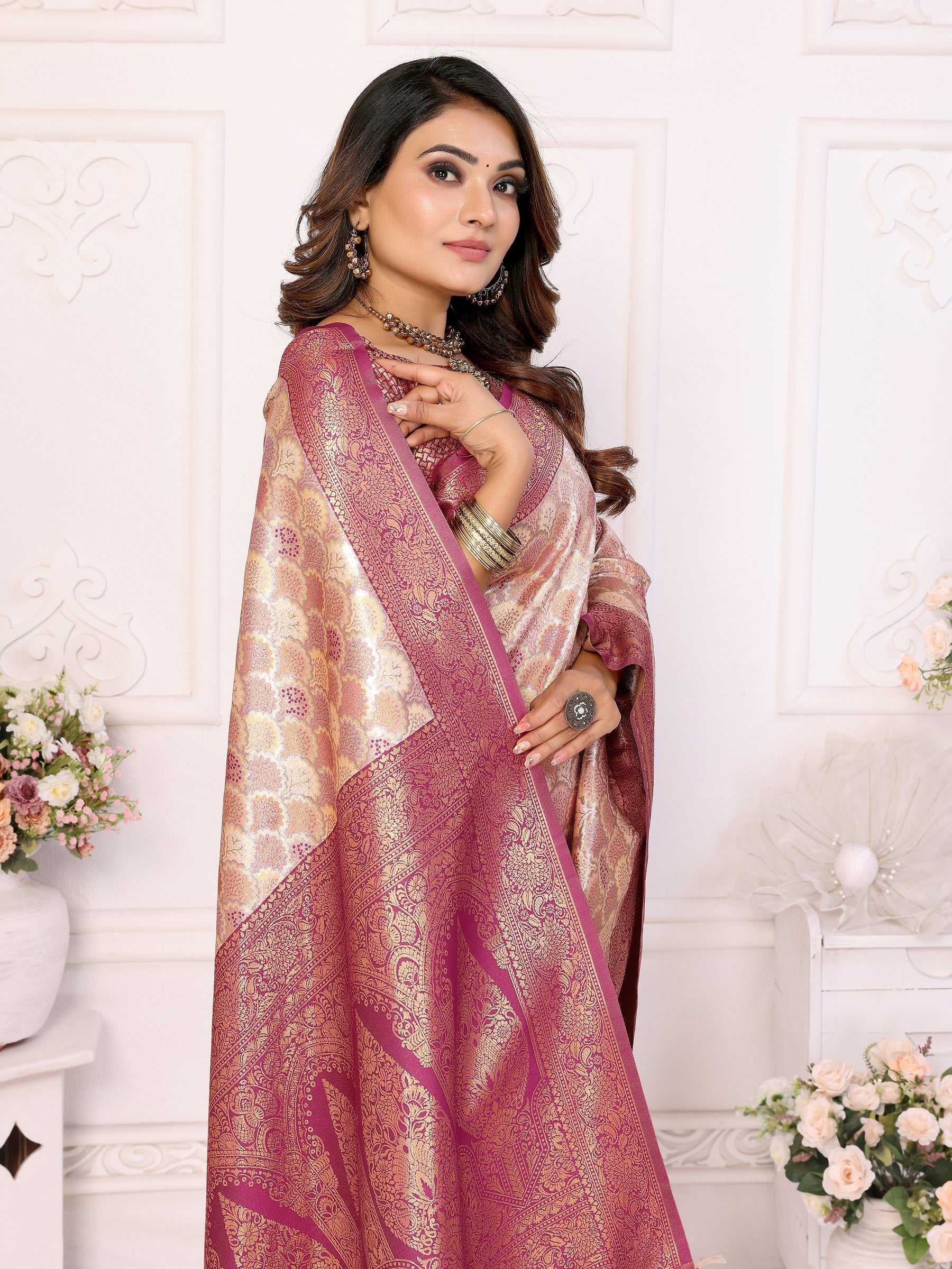 Vedant Vastram Soft Litchi Silk Kanjeevaram Silk Saree - Beige - Distacart