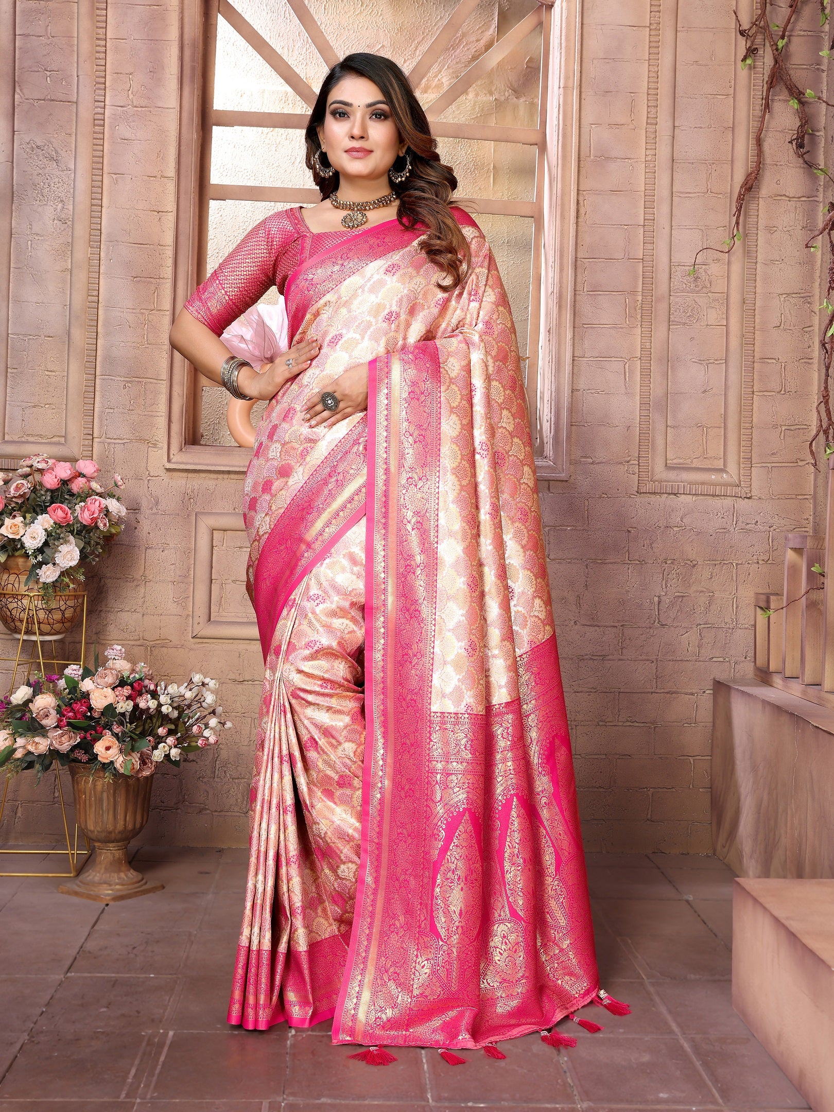 Vedant Vastram Soft Litchi Silk Kanjeevaram Silk Saree - Cream - Distacart
