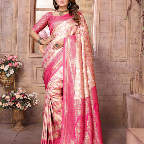 Vedant Vastram Soft Litchi Silk Kanjeevaram Silk Saree - Cream - Distacart