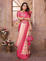 Thumbnail for Vedant Vastram Soft Litchi Silk Kanjeevaram Silk Saree - Cream - Distacart