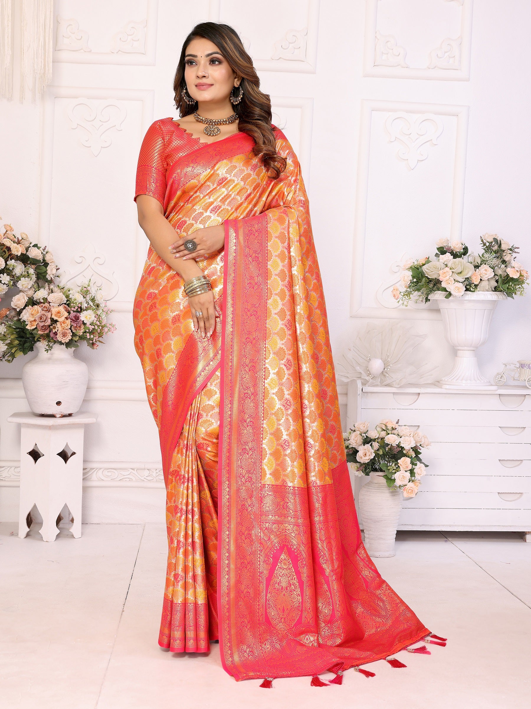 Vedant Vastram Soft Litchi Silk Kanjeevaram Silk Saree - Mustard - Distacart
