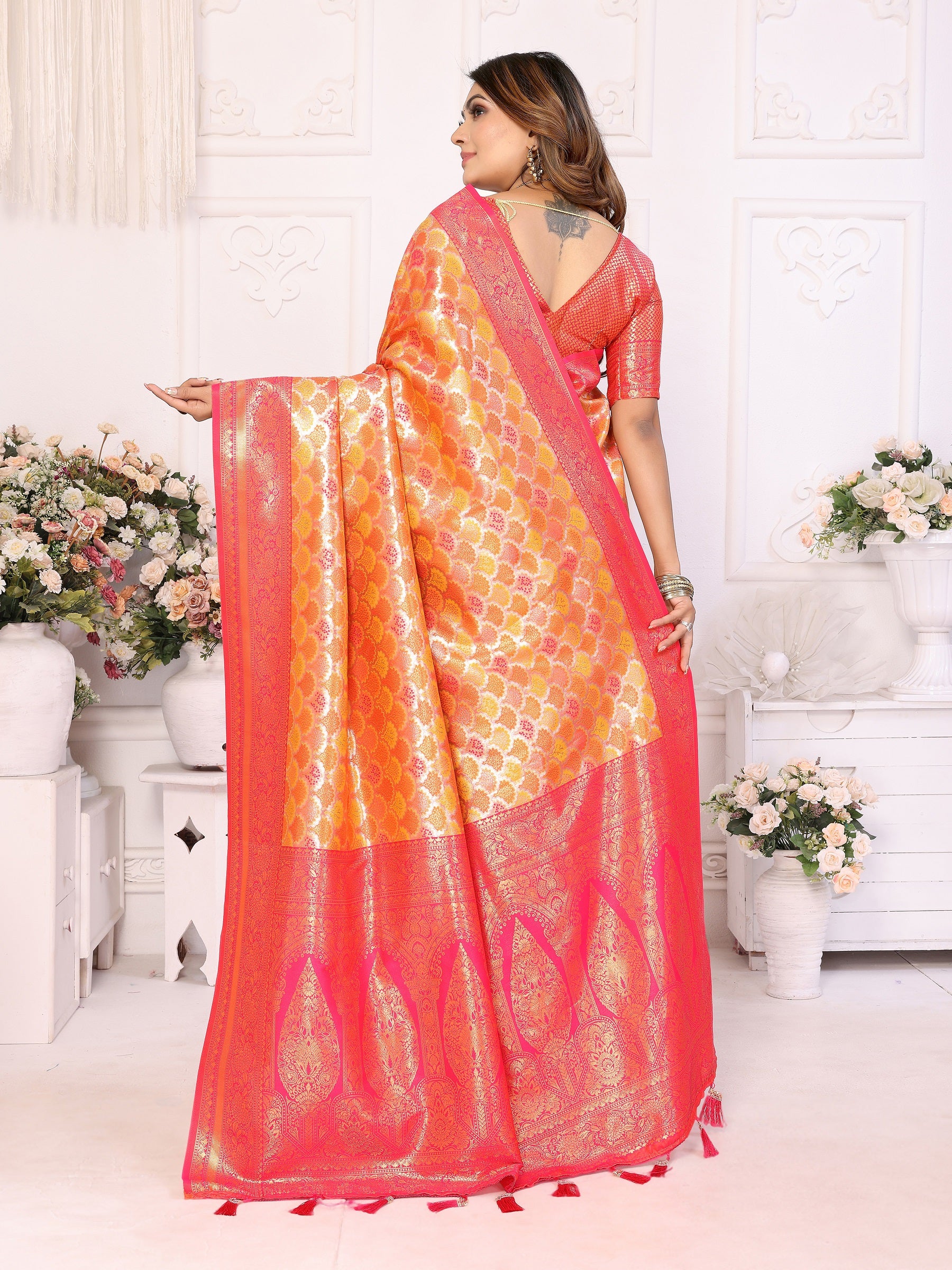 Vedant Vastram Soft Litchi Silk Kanjeevaram Silk Saree - Mustard - Distacart