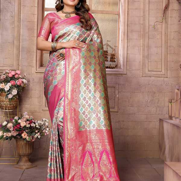 Vedant Vastram Soft Litchi Silk Kanjeevaram Silk Saree - Parrot - Distacart