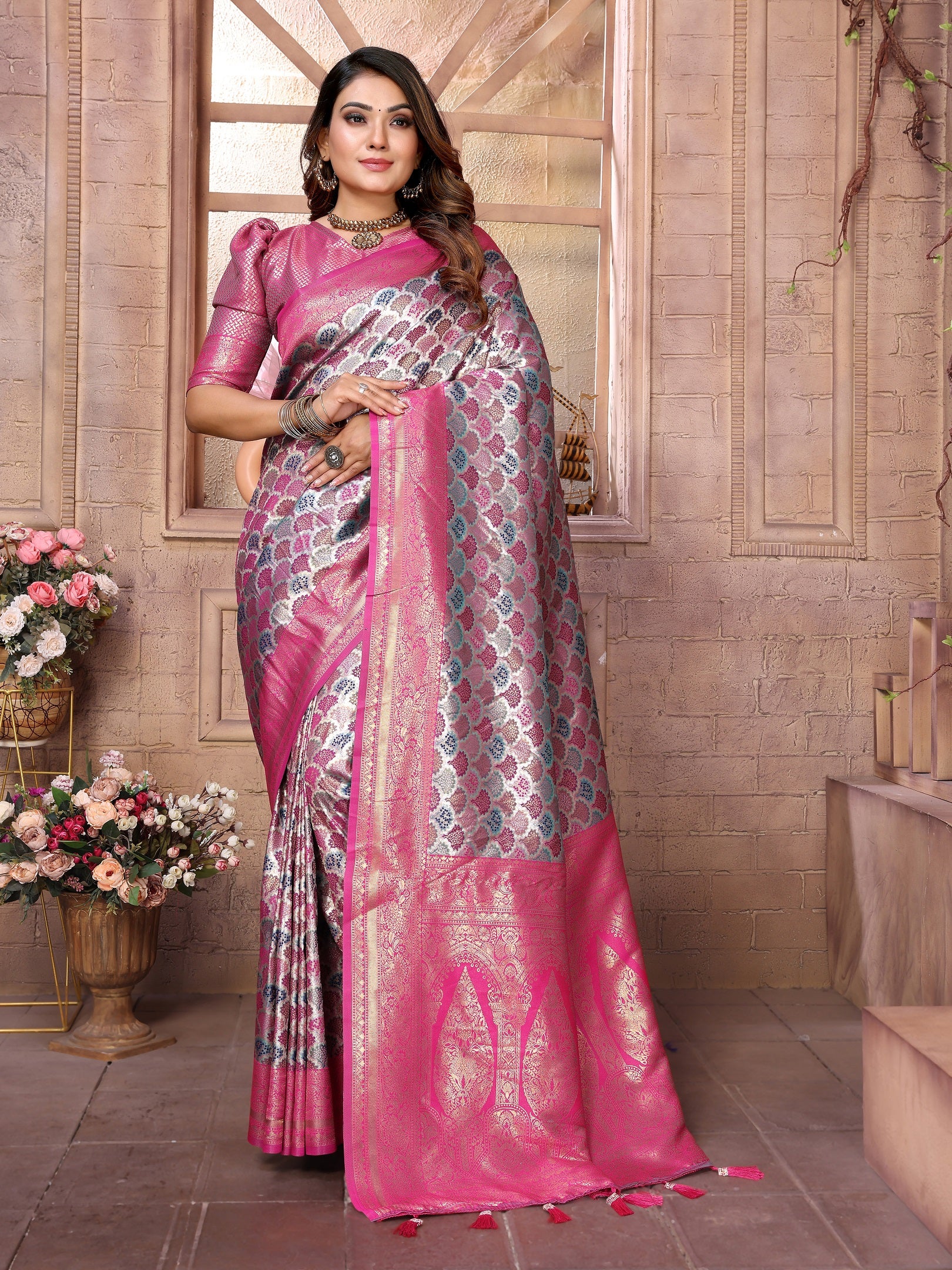 Vedant Vastram Soft Litchi Silk Kanjeevaram Silk Saree - Pink - Distacart