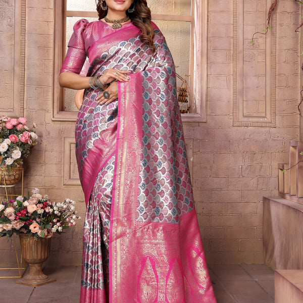 Vedant Vastram Soft Litchi Silk Kanjeevaram Silk Saree - Pink - Distacart