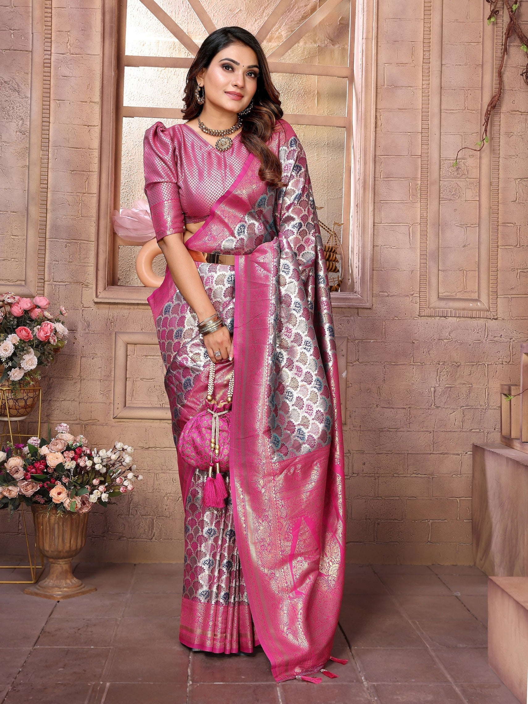 Vedant Vastram Soft Litchi Silk Kanjeevaram Silk Saree - Pink - Distacart