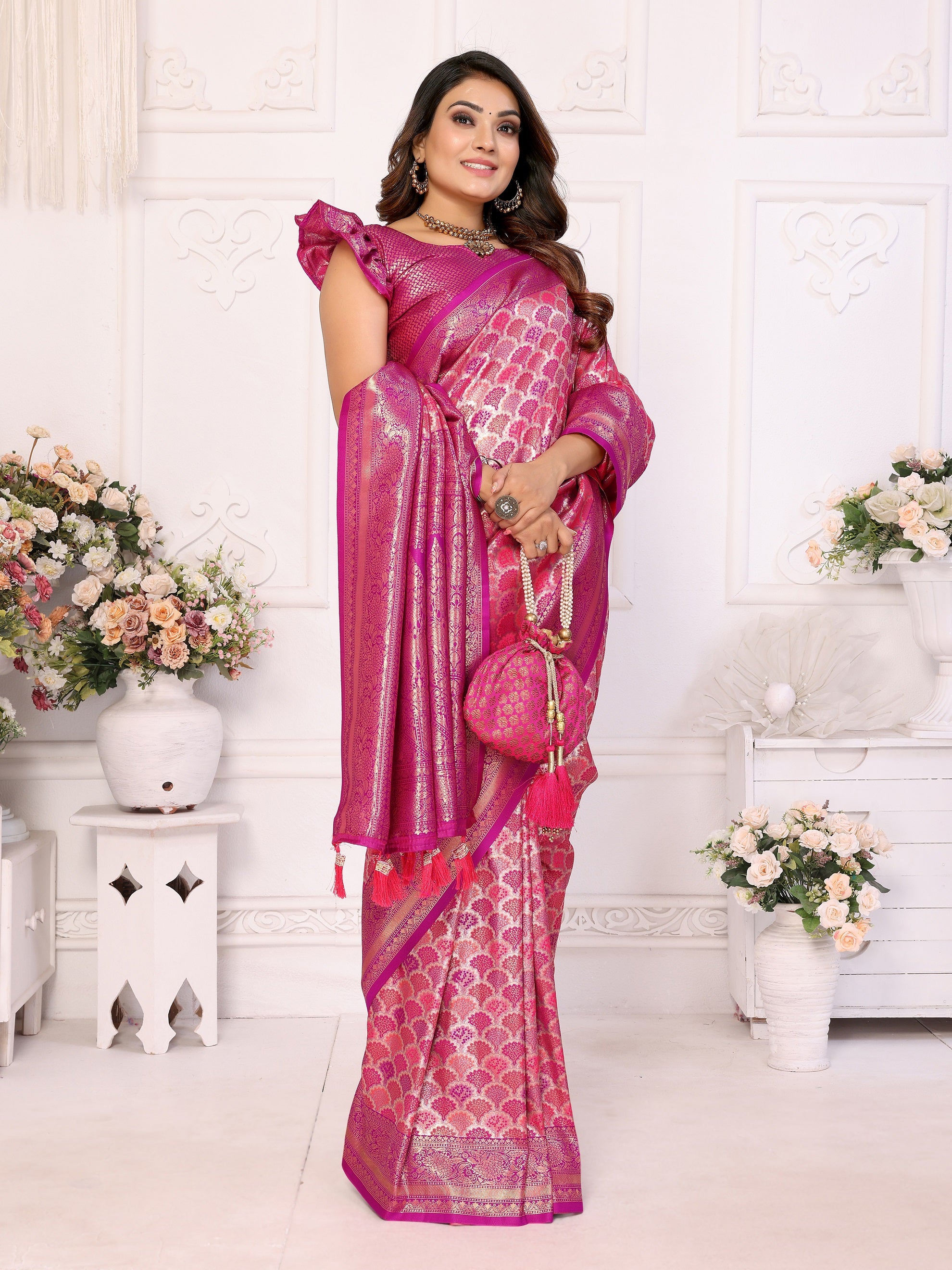 Vedant Vastram Soft Litchi Silk Kanjeevaram Silk Saree - Rani - Distacart
