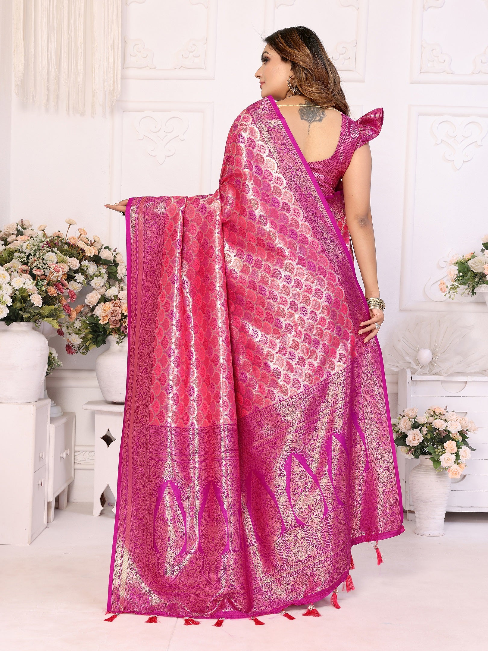 Vedant Vastram Soft Litchi Silk Kanjeevaram Silk Saree - Rani - Distacart