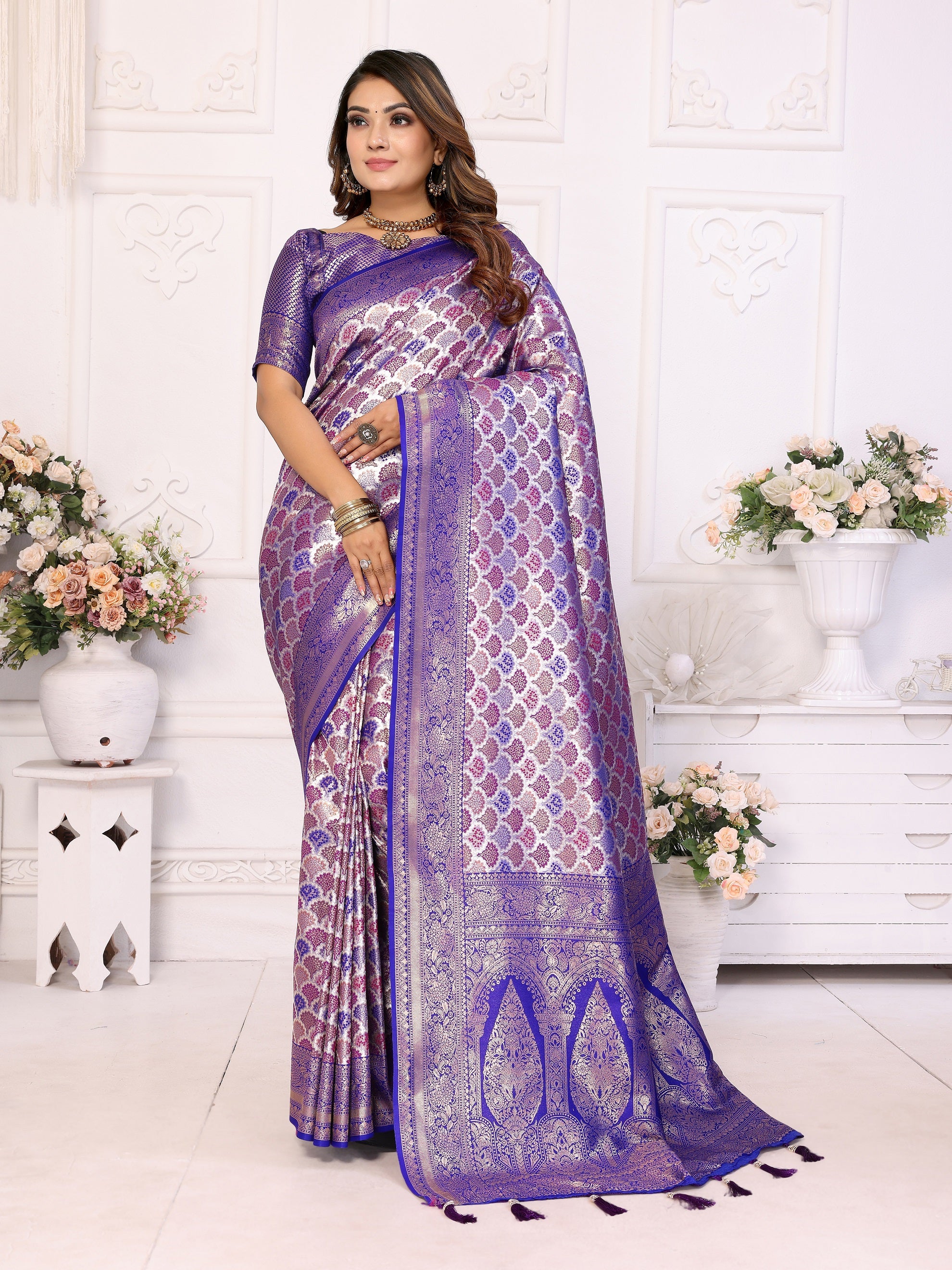 Vedant Vastram Soft Litchi Silk Kanjeevaram Silk Saree - Royal Blue - Distacart