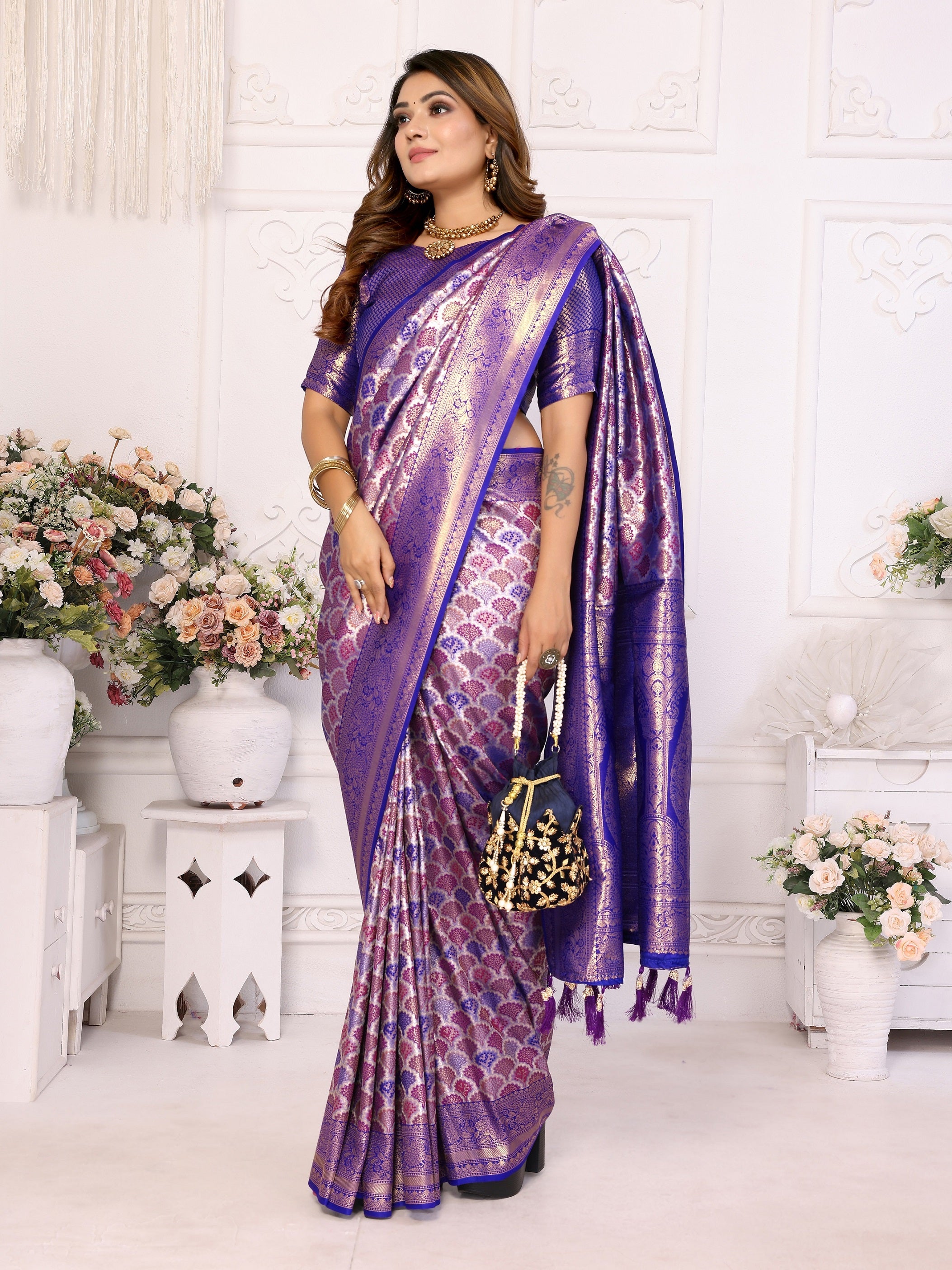 Vedant Vastram Soft Litchi Silk Kanjeevaram Silk Saree - Royal Blue - Distacart