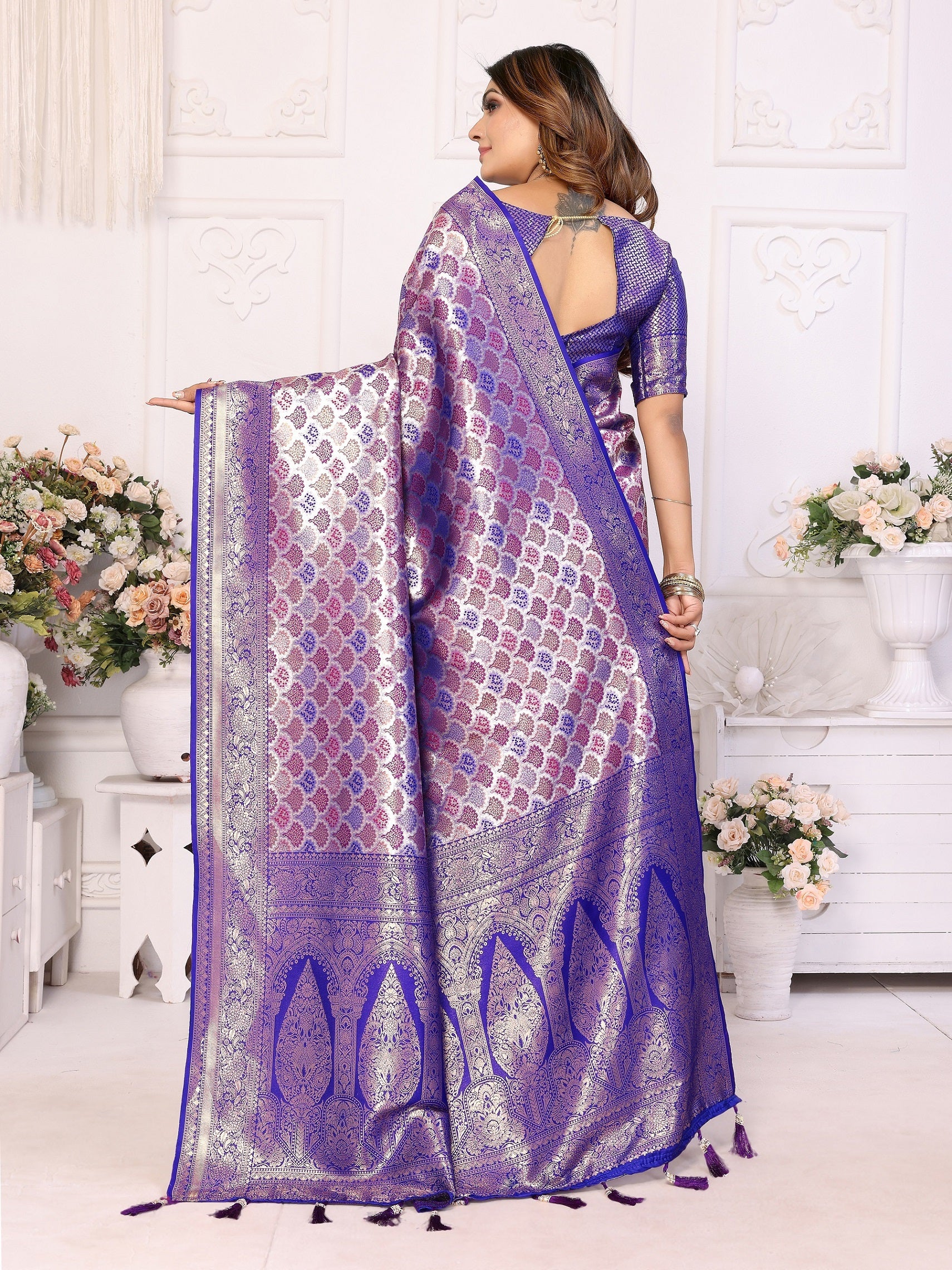 Vedant Vastram Soft Litchi Silk Kanjeevaram Silk Saree - Royal Blue - Distacart
