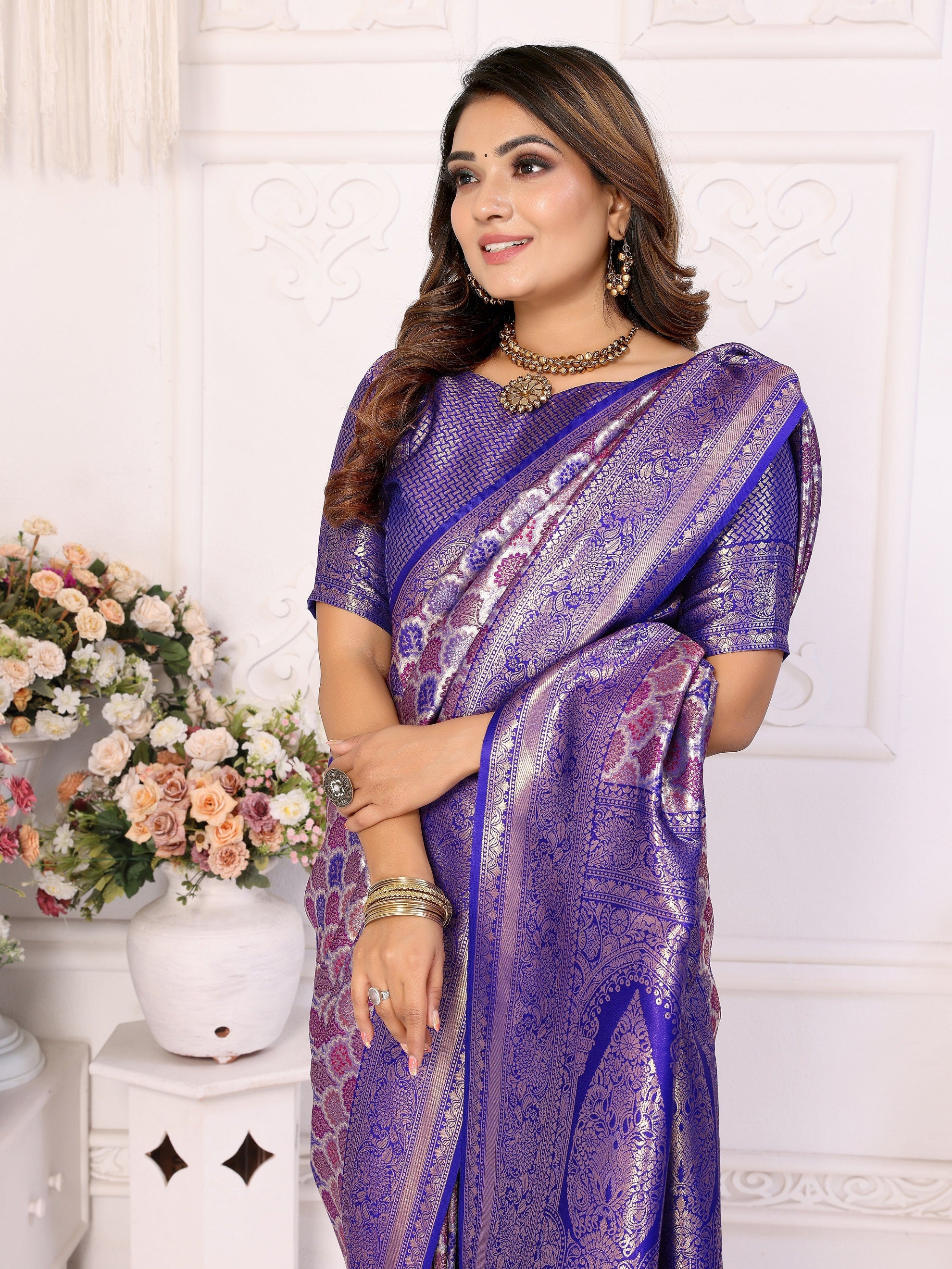Vedant Vastram Soft Litchi Silk Kanjeevaram Silk Saree - Royal Blue - Distacart