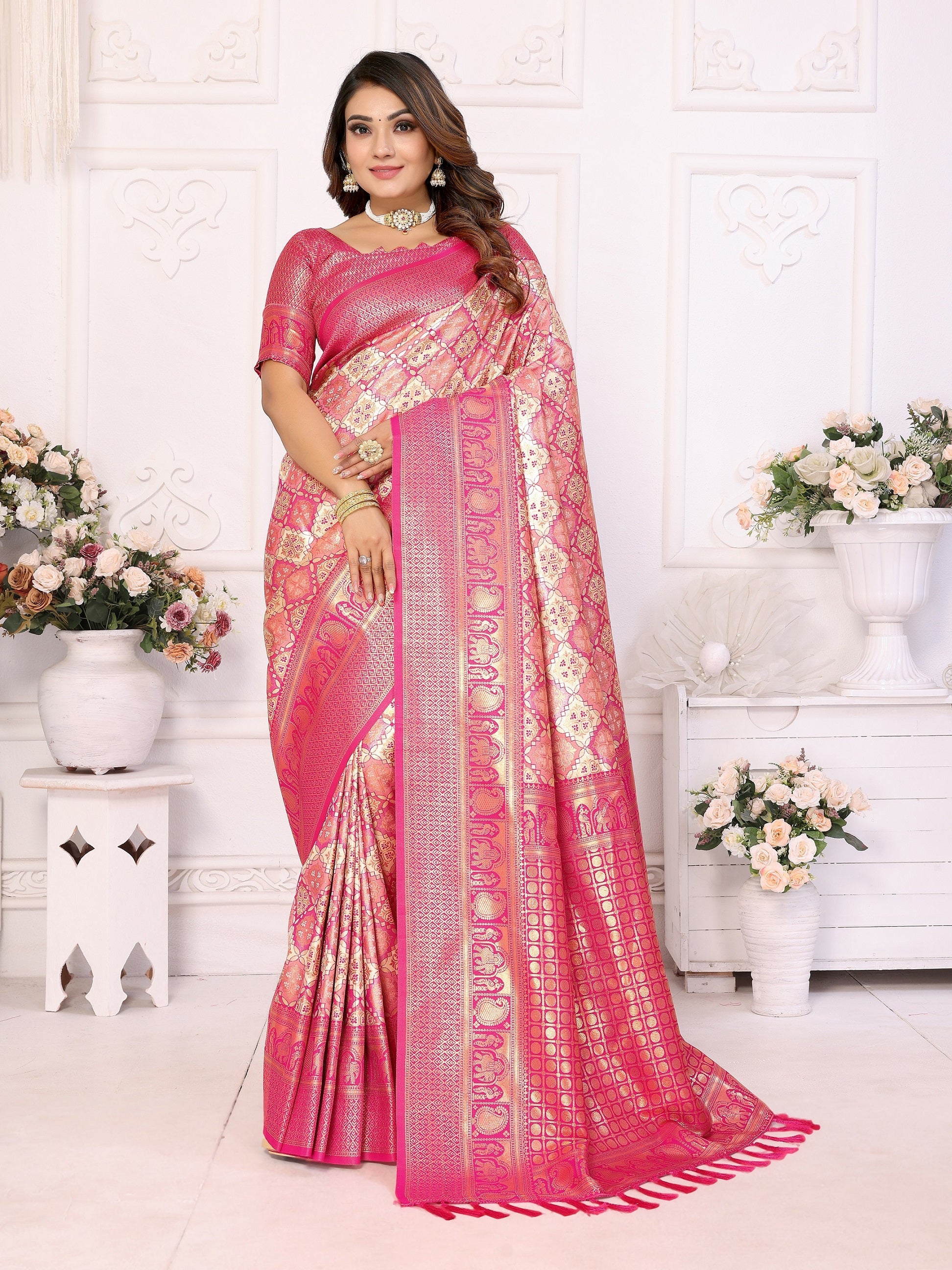 Vedant Vastram Soft Litchi Silk Kanjeevaram Silk Saree - Beige - Distacart