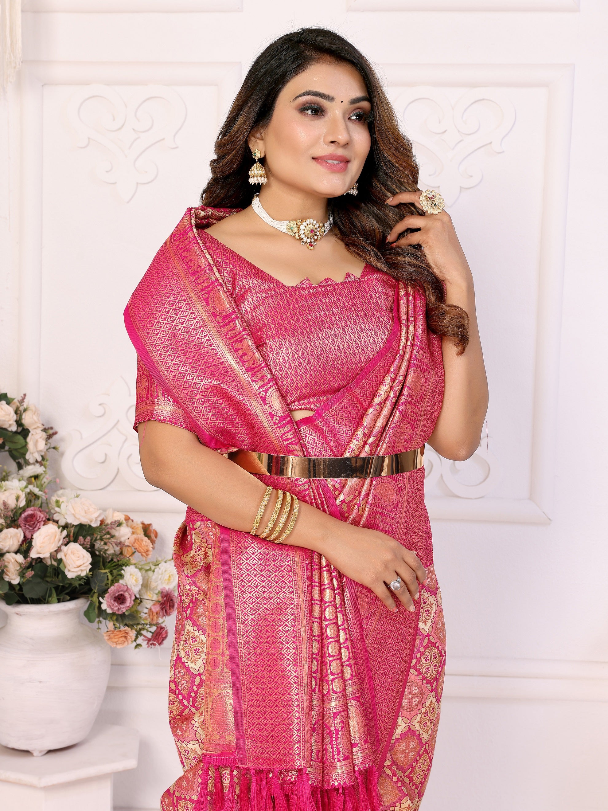 Vedant Vastram Soft Litchi Silk Kanjeevaram Silk Saree - Beige - Distacart