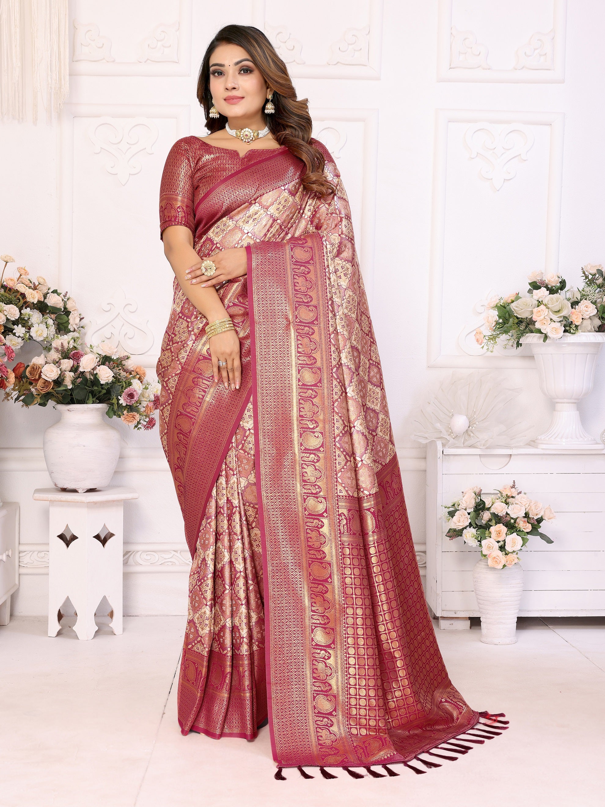 Vedant Vastram Soft Litchi Silk Kanjeevaram Silk Saree - Maroon - Distacart