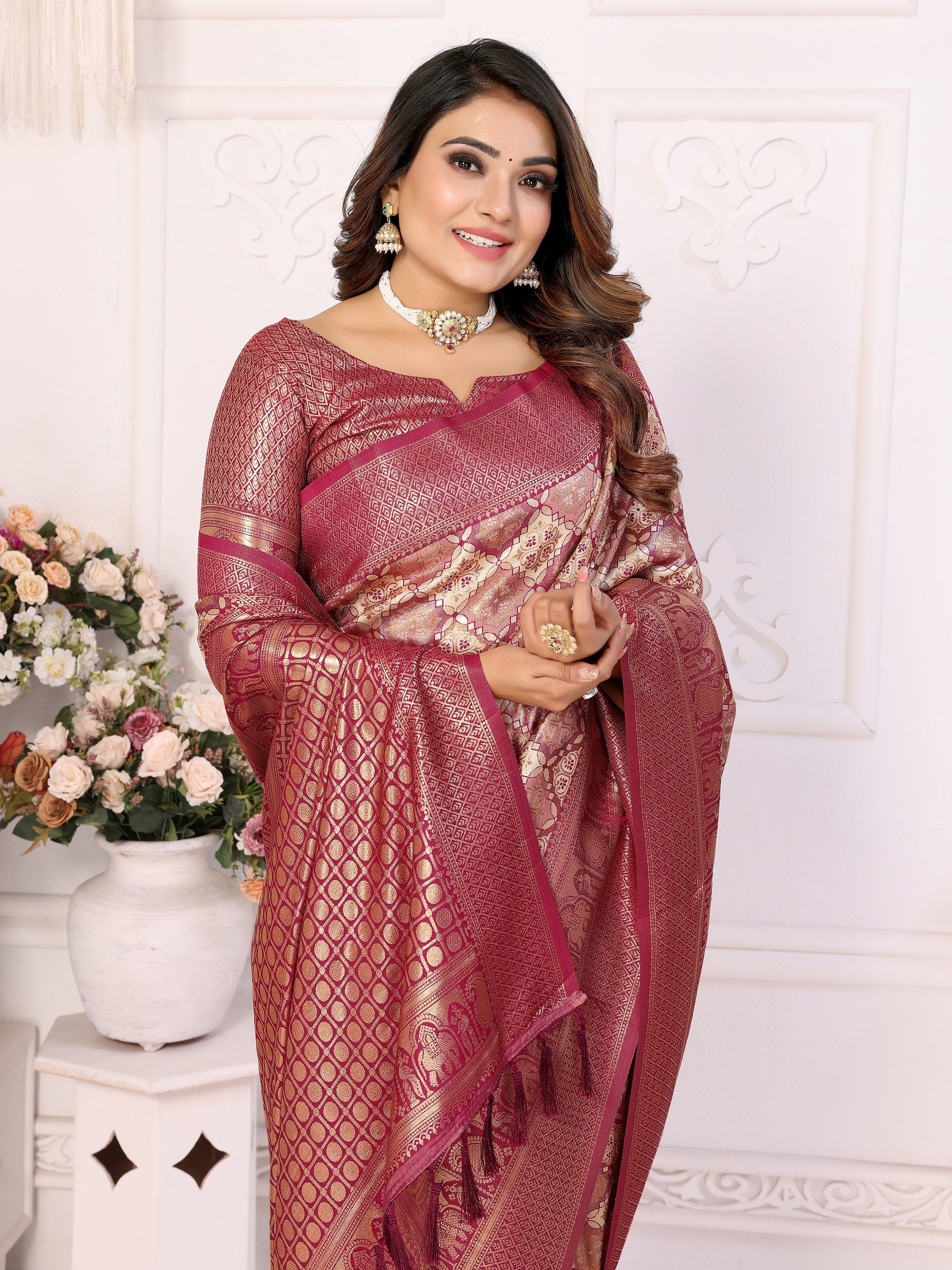 Vedant Vastram Soft Litchi Silk Kanjeevaram Silk Saree - Maroon - Distacart