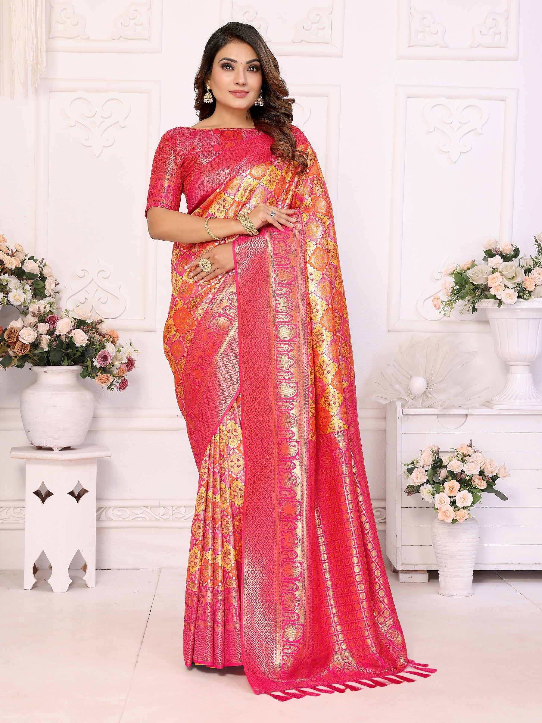 Vedant Vastram Soft Litchi Silk Kanjeevaram Silk Saree - Orange - Distacart
