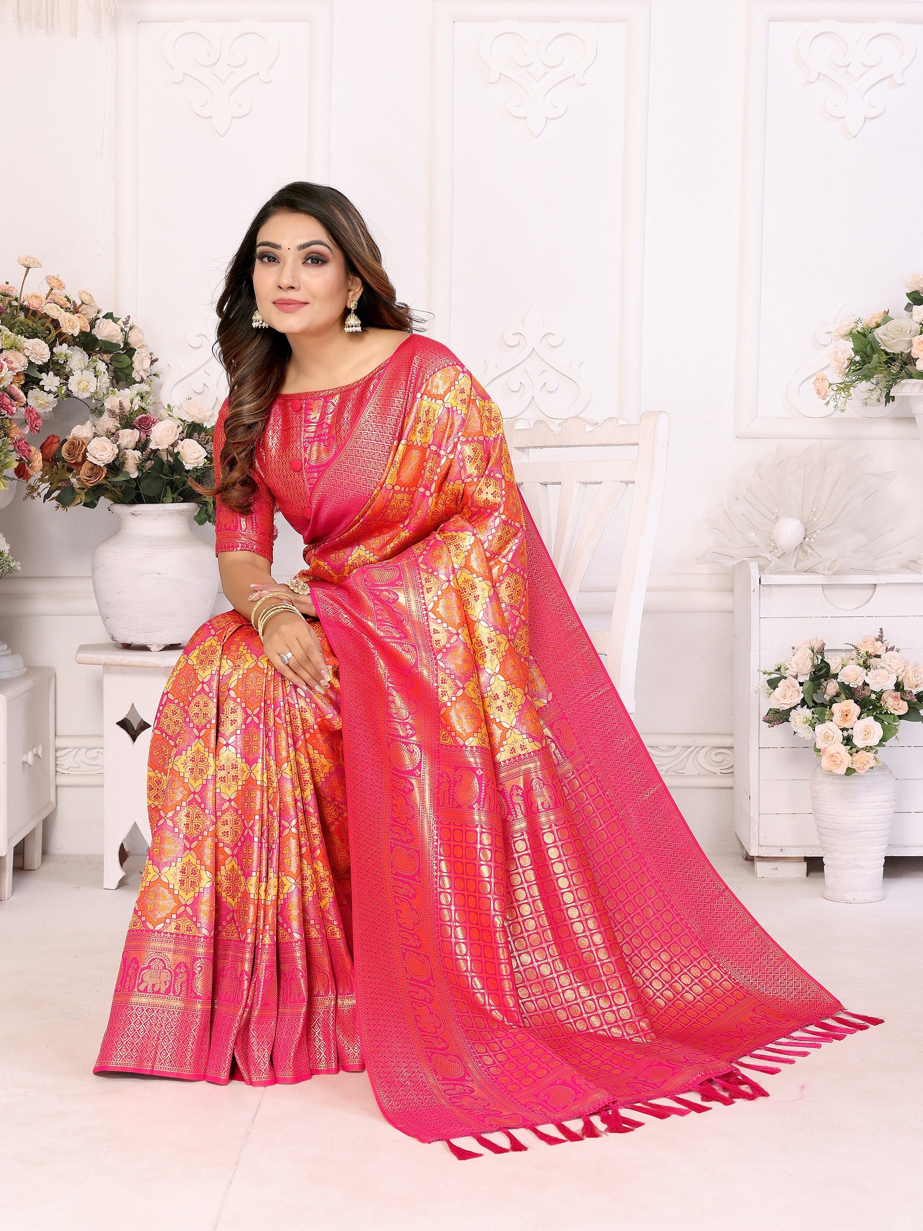 Vedant Vastram Soft Litchi Silk Kanjeevaram Silk Saree - Orange - Distacart