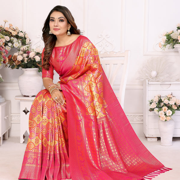 Vedant Vastram Soft Litchi Silk Kanjeevaram Silk Saree - Orange - Distacart