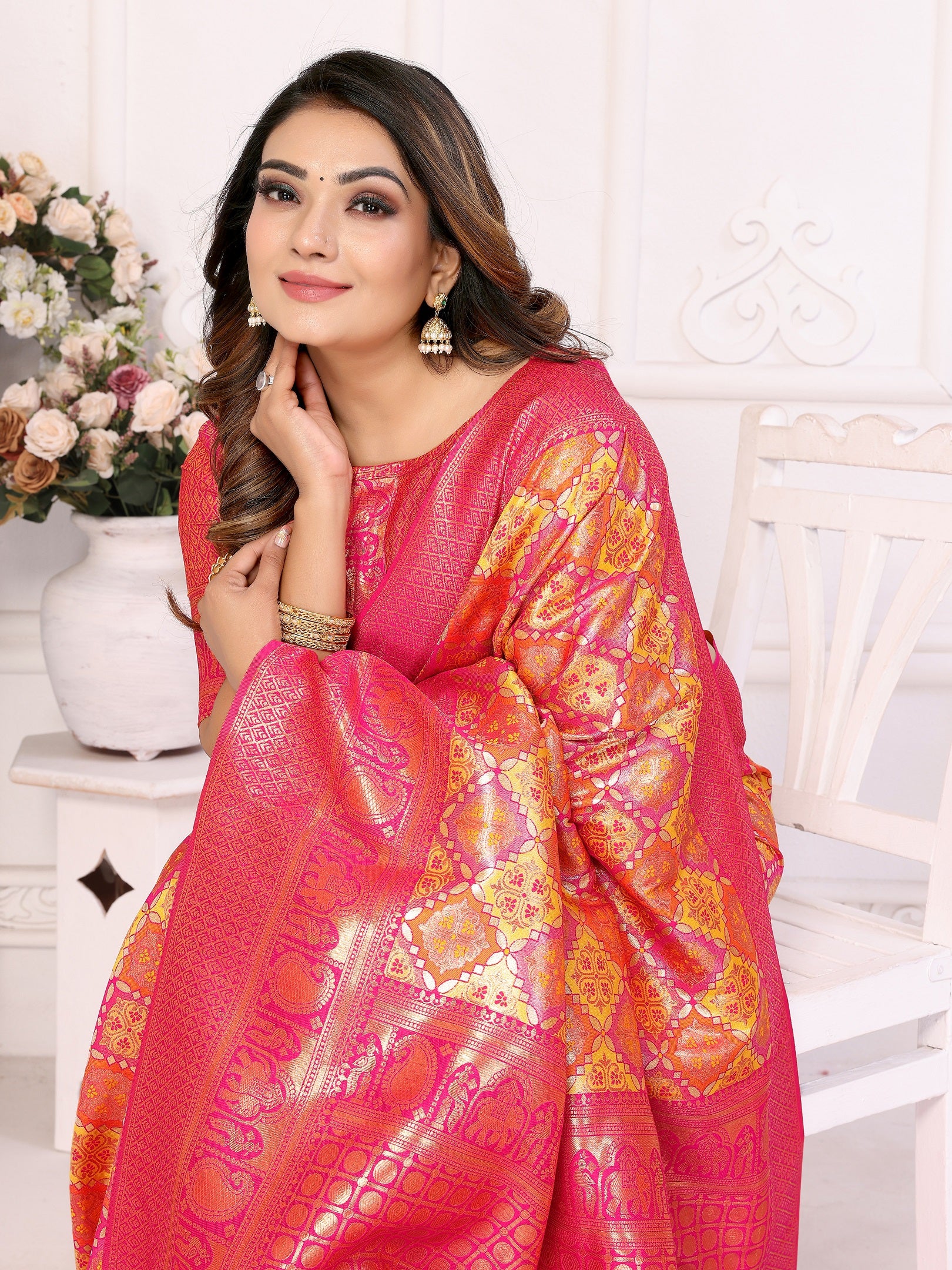 Vedant Vastram Soft Litchi Silk Kanjeevaram Silk Saree - Orange - Distacart