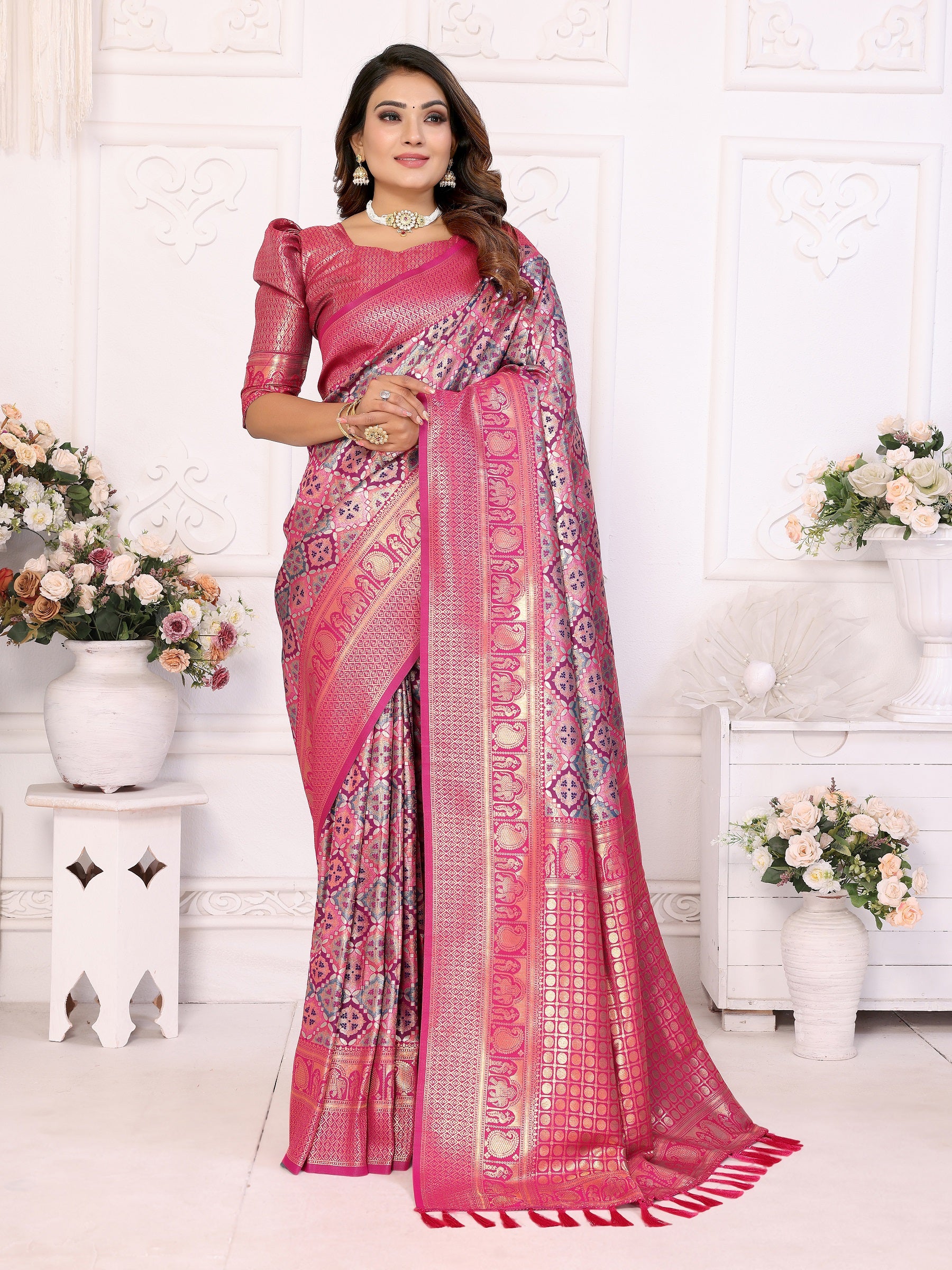 Vedant Vastram Soft Litchi Silk Kanjeevaram Silk Saree - Pink - Distacart