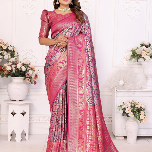 Vedant Vastram Soft Litchi Silk Kanjeevaram Silk Saree - Pink - Distacart