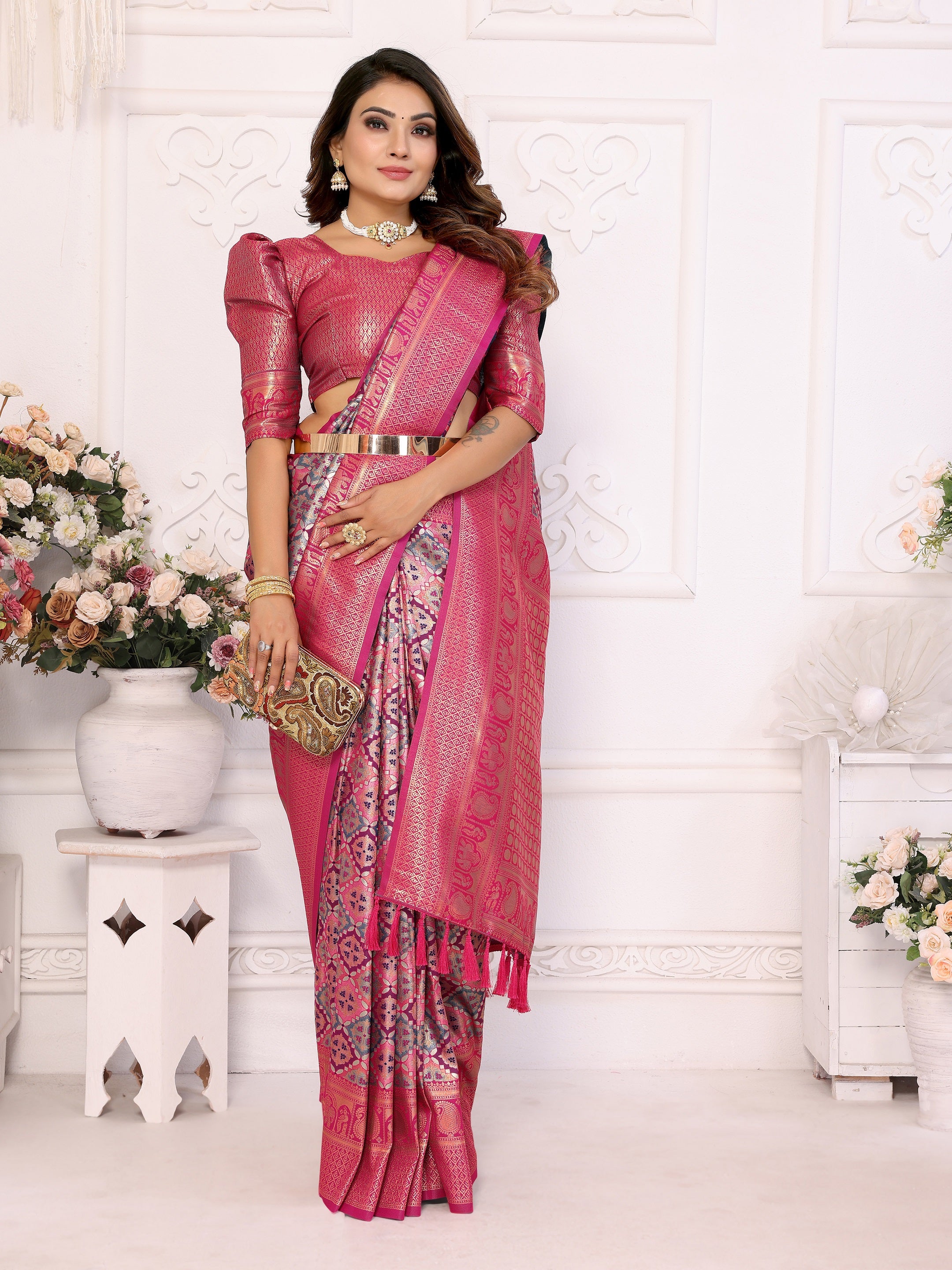Vedant Vastram Soft Litchi Silk Kanjeevaram Silk Saree - Pink - Distacart