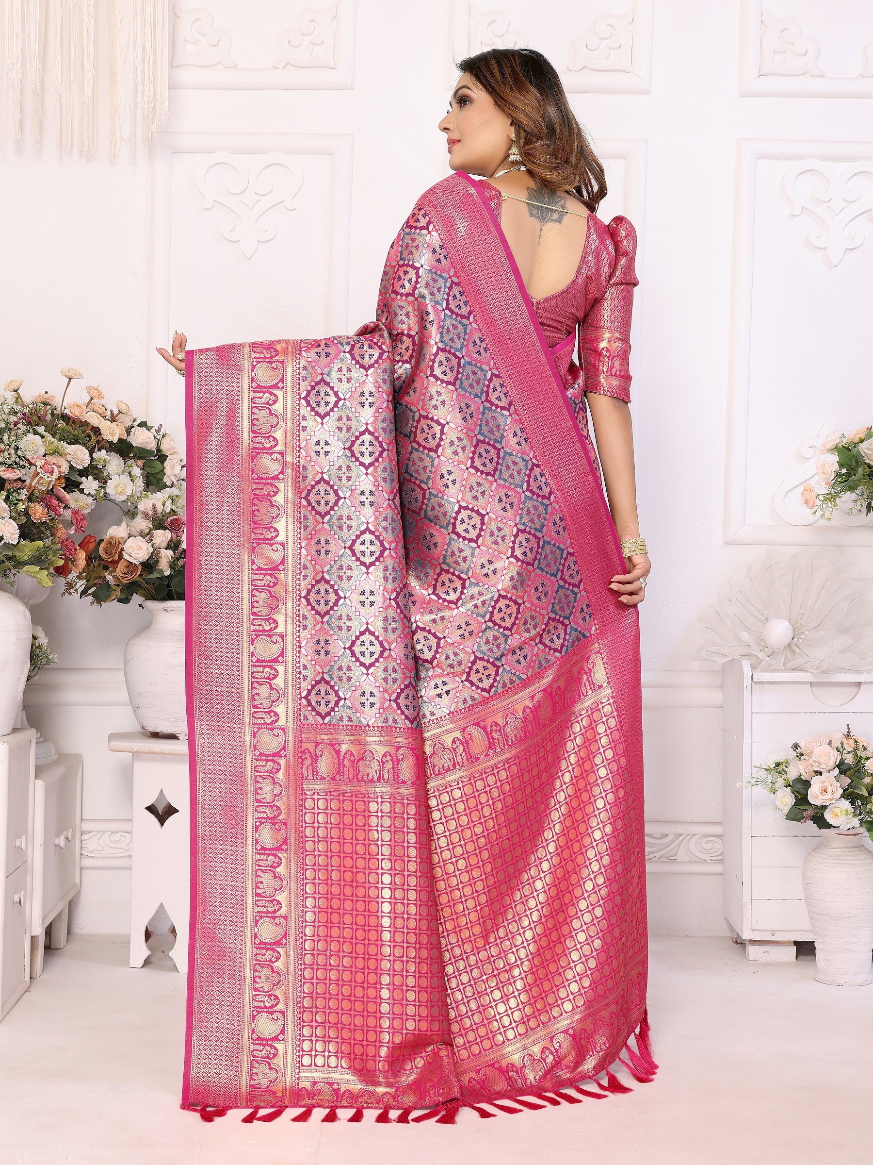 Vedant Vastram Soft Litchi Silk Kanjeevaram Silk Saree - Pink - Distacart