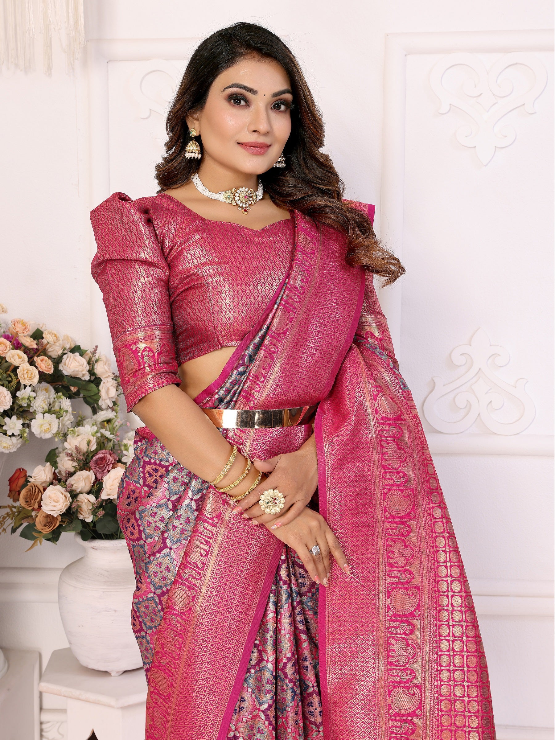 Vedant Vastram Soft Litchi Silk Kanjeevaram Silk Saree - Pink - Distacart