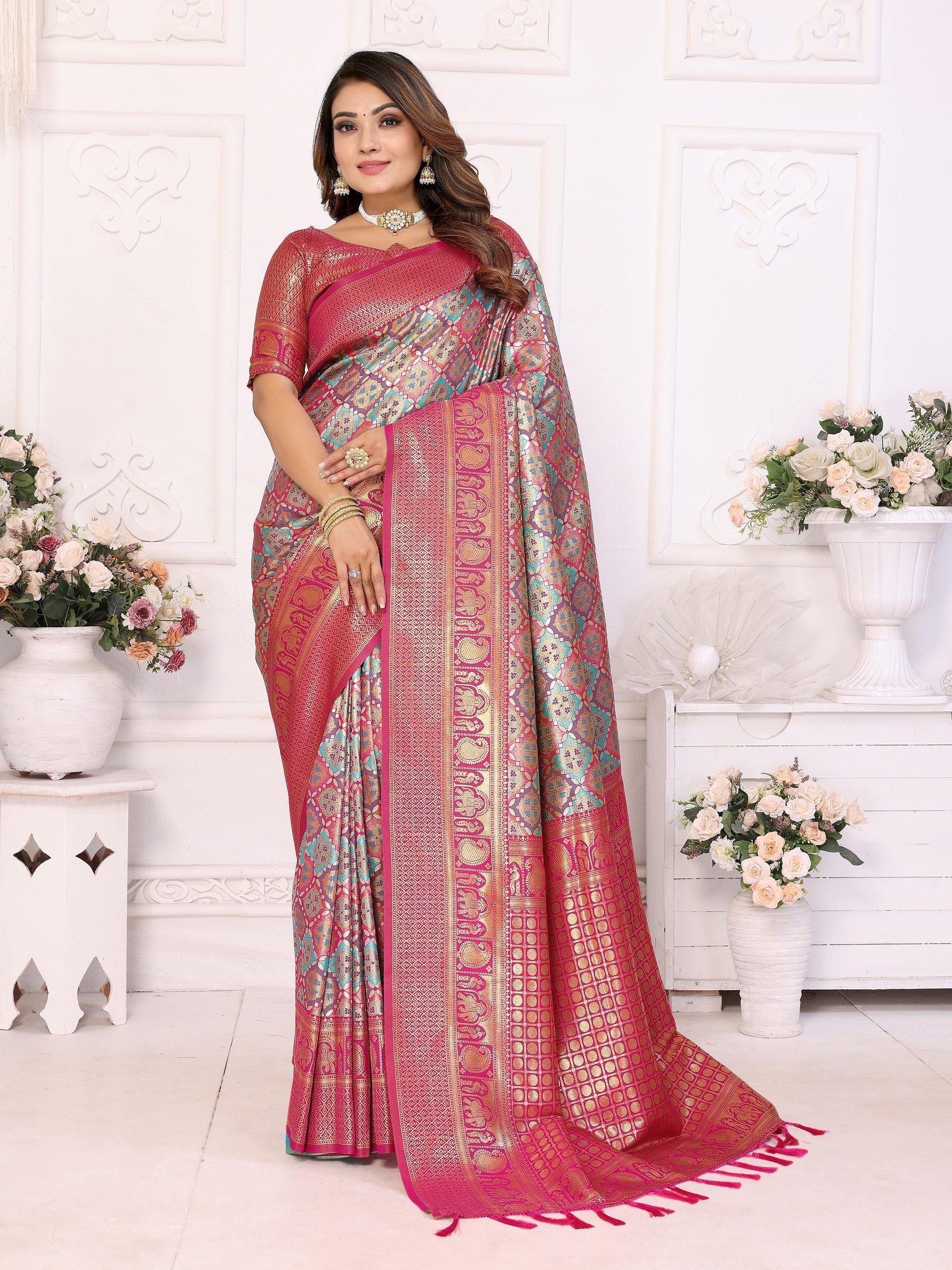 Vedant Vastram Soft Litchi Silk Kanjeevaram Silk Saree - Rama - Distacart