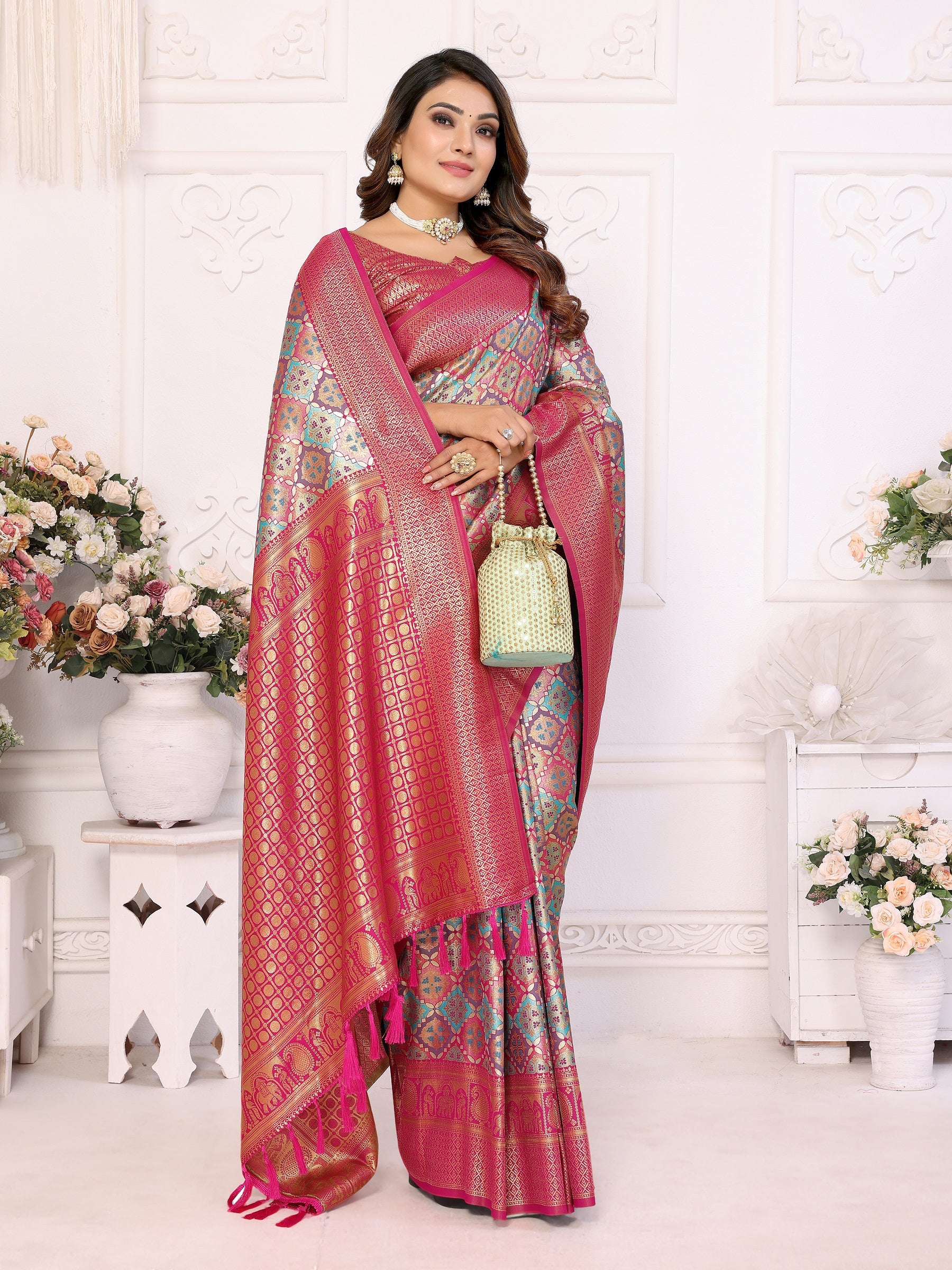 Vedant Vastram Soft Litchi Silk Kanjeevaram Silk Saree - Rama - Distacart