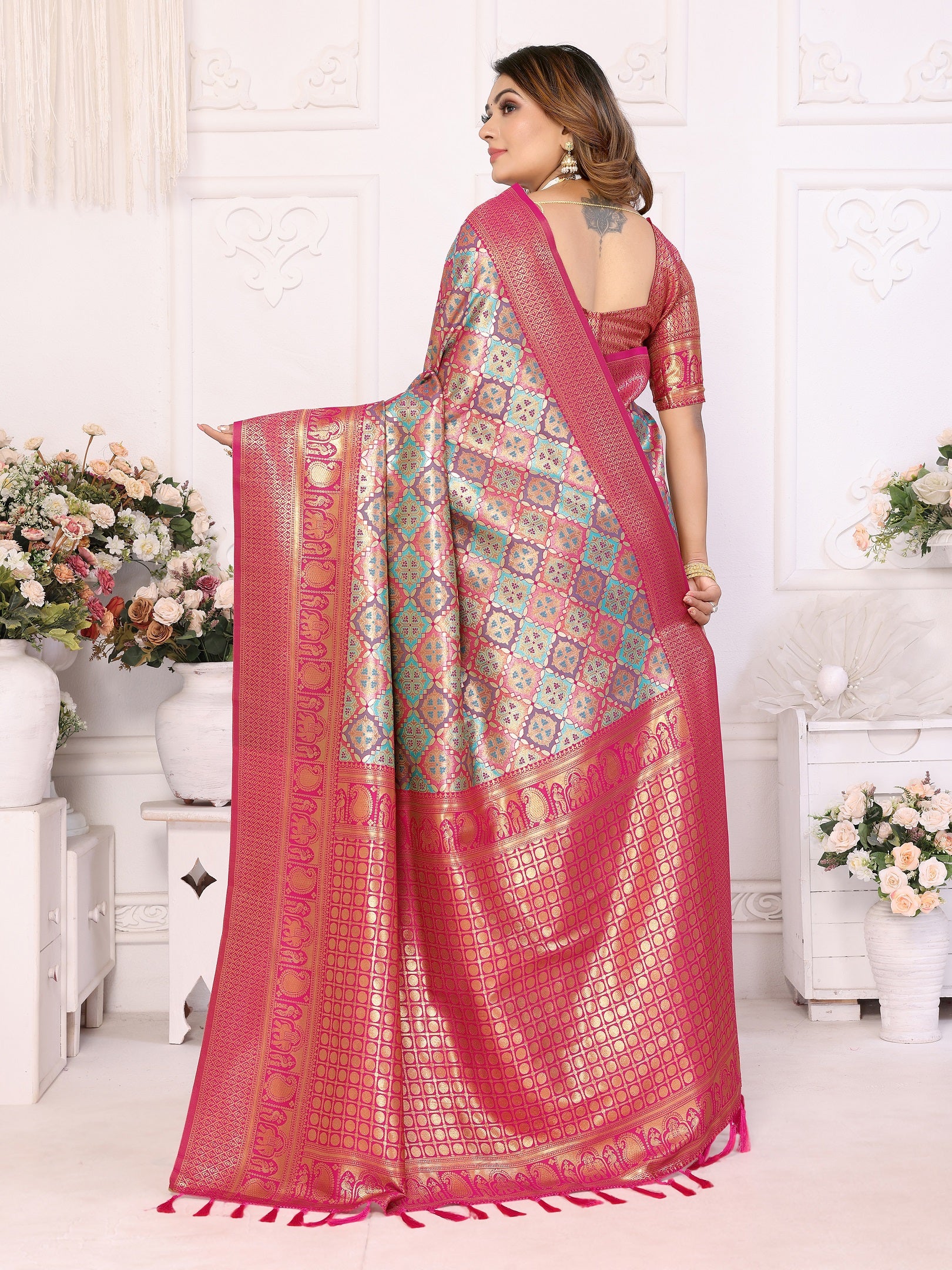 Vedant Vastram Soft Litchi Silk Kanjeevaram Silk Saree - Rama - Distacart