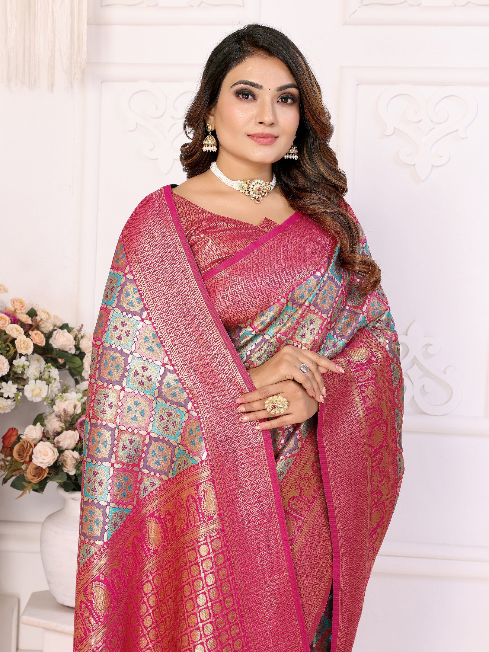Vedant Vastram Soft Litchi Silk Kanjeevaram Silk Saree - Rama - Distacart