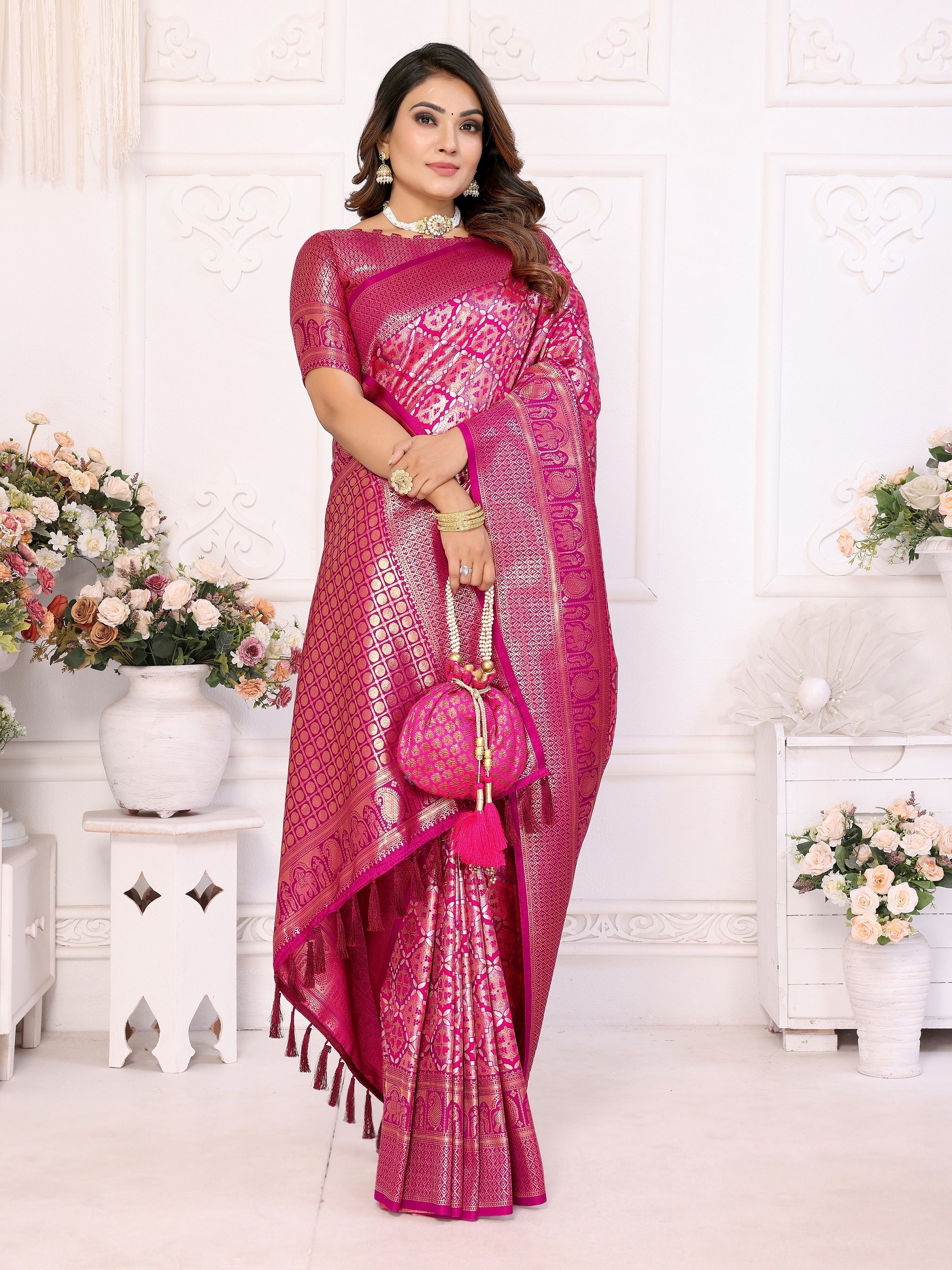 Vedant Vastram Soft Litchi Silk Kanjeevaram Silk Saree - Rani - Distacart