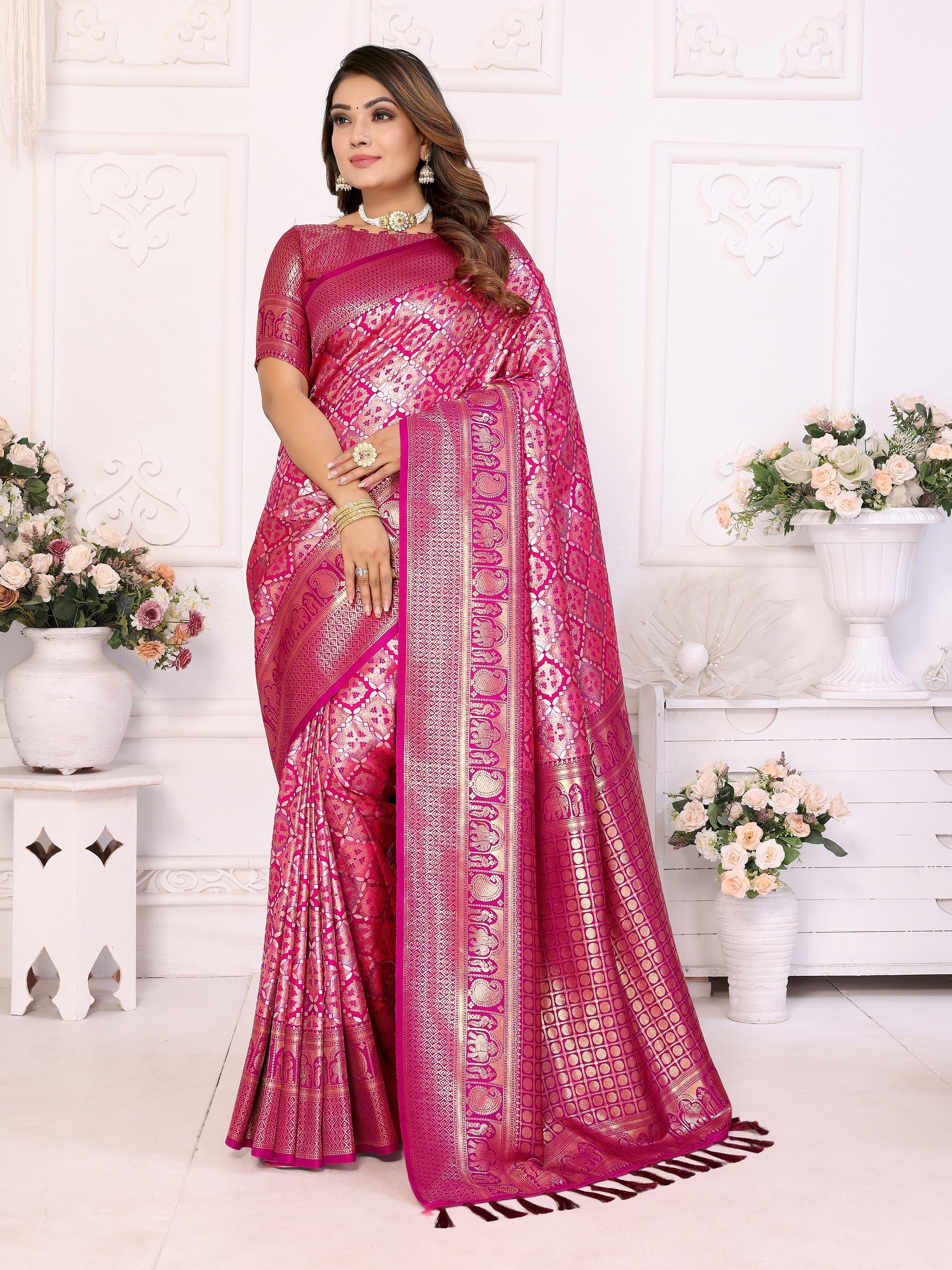Vedant Vastram Soft Litchi Silk Kanjeevaram Silk Saree - Rani - Distacart