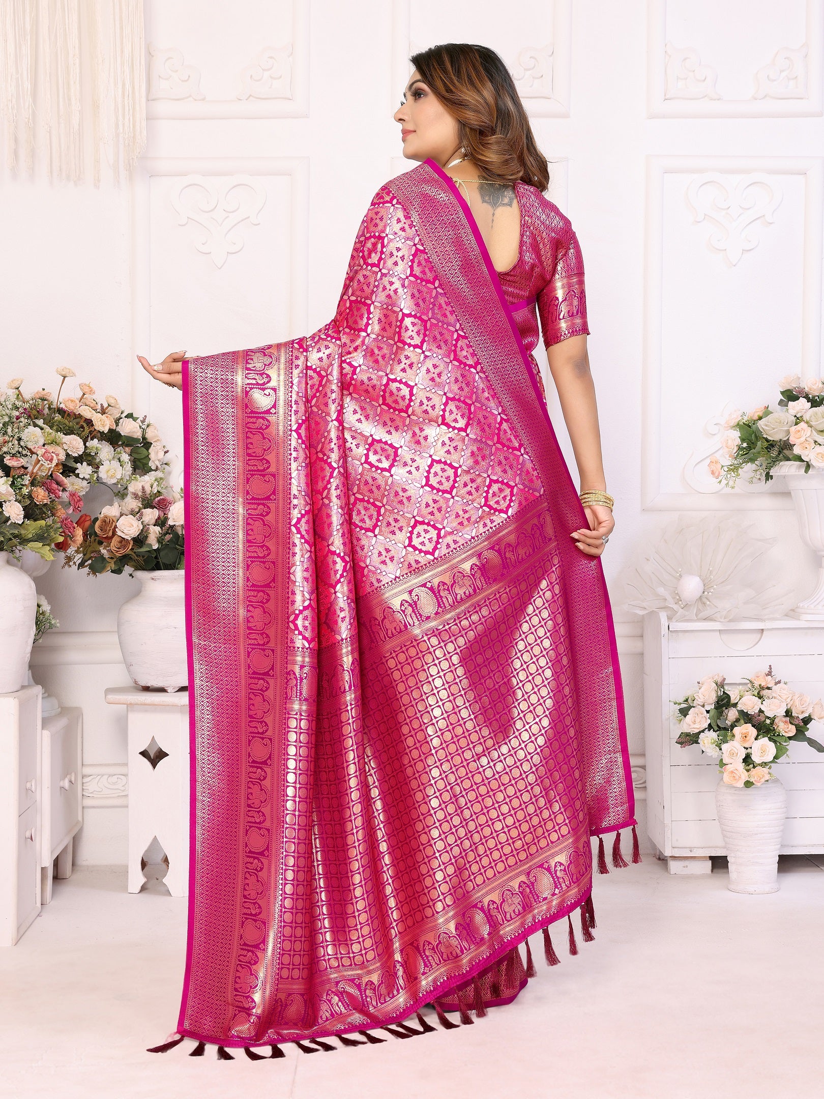 Vedant Vastram Soft Litchi Silk Kanjeevaram Silk Saree - Rani - Distacart