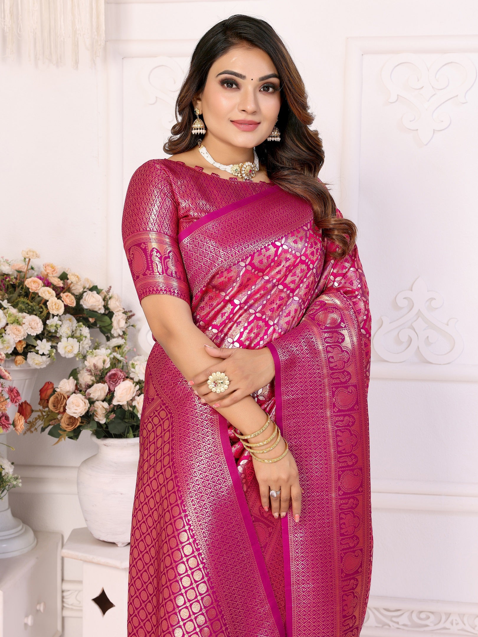 Vedant Vastram Soft Litchi Silk Kanjeevaram Silk Saree - Rani - Distacart