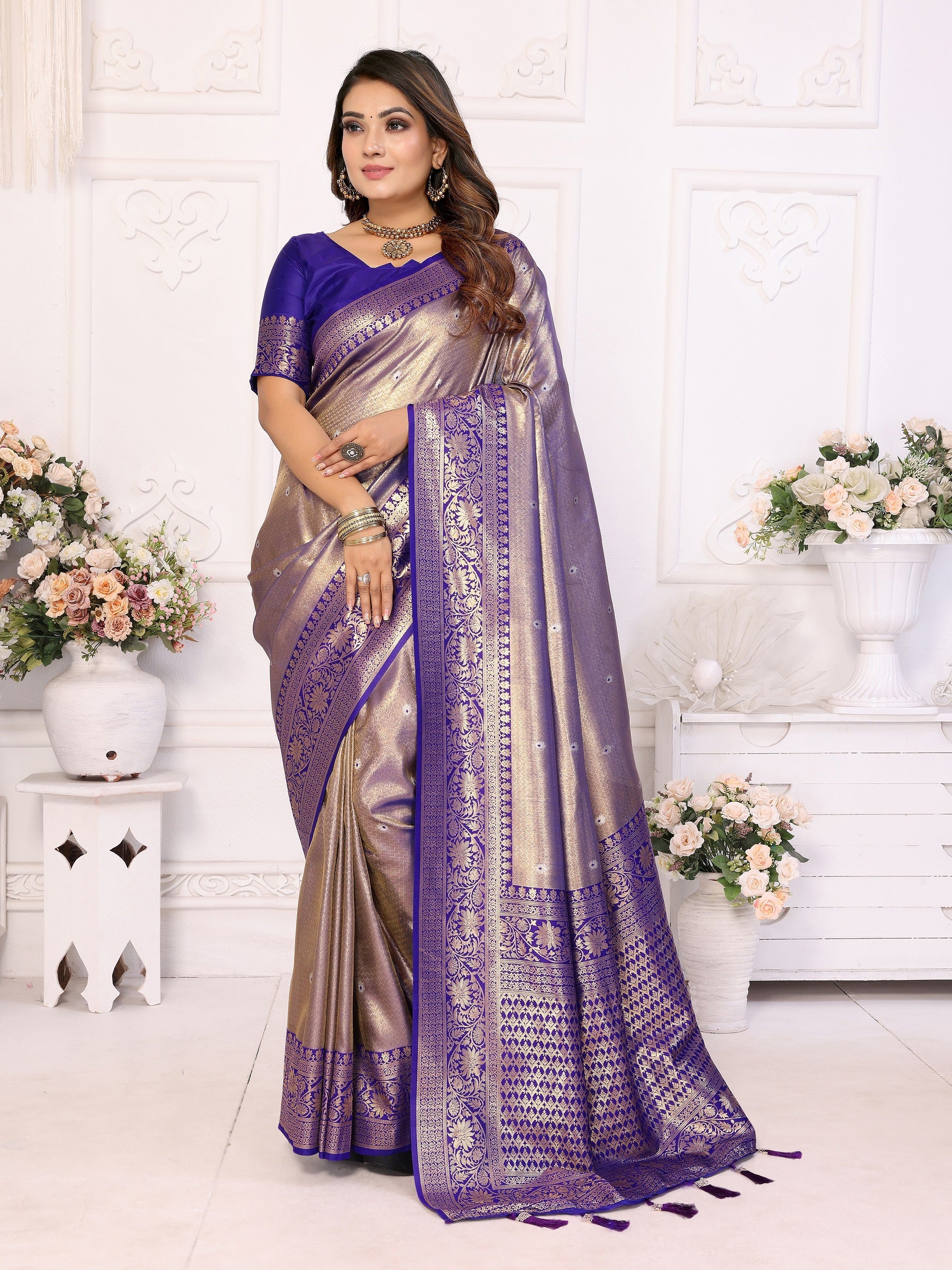 Vedant Vastram Tissue Silk Kanjeevaram Silk Saree - Blue - Distacart