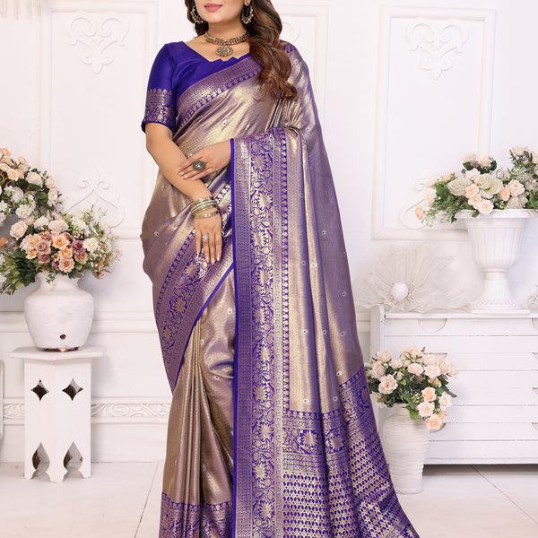 Vedant Vastram Tissue Silk Kanjeevaram Silk Saree - Blue - Distacart