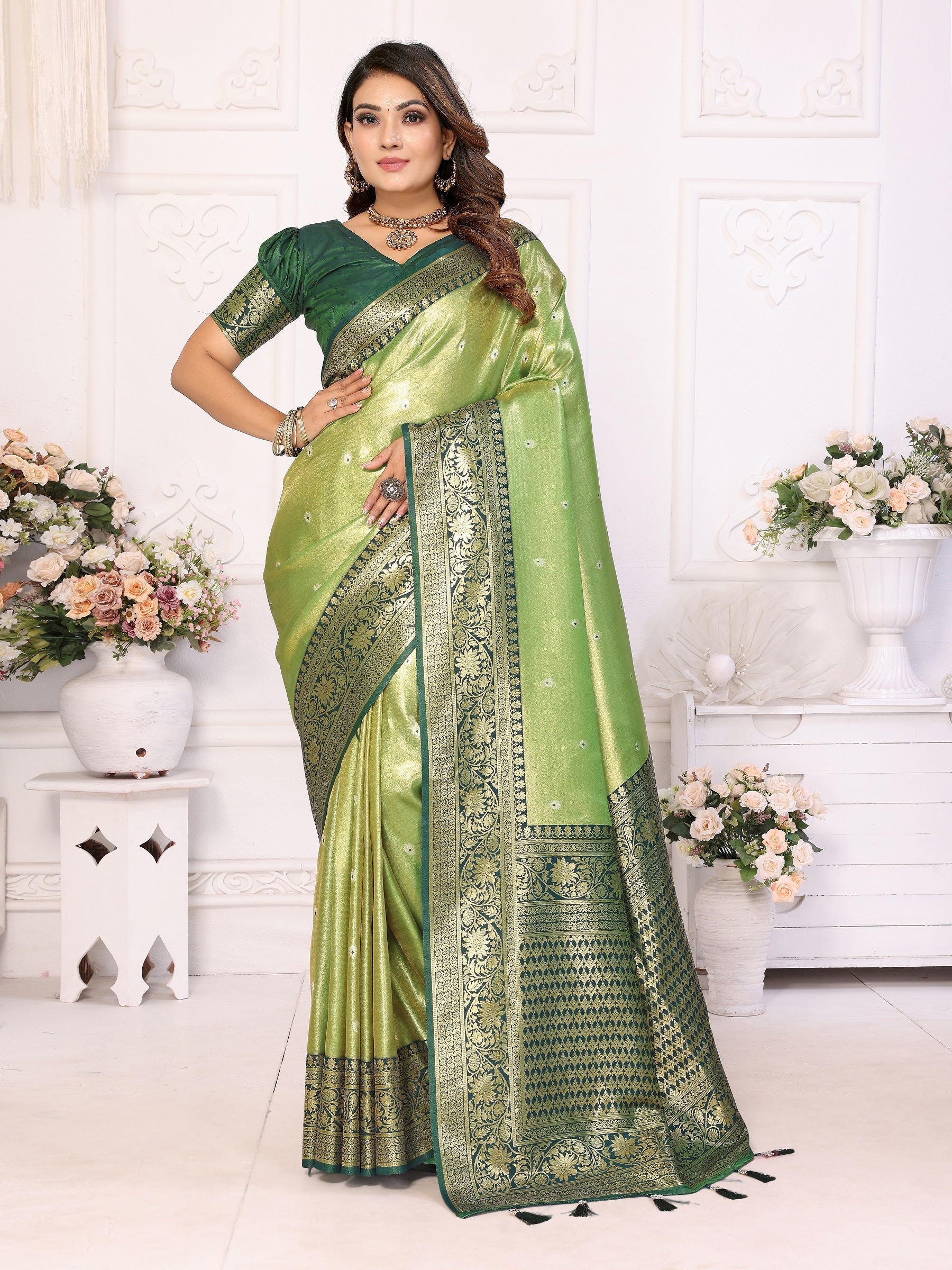 Vedant Vastram Tissue Silk Kanjeevaram Silk Saree - Mahendi - Distacart
