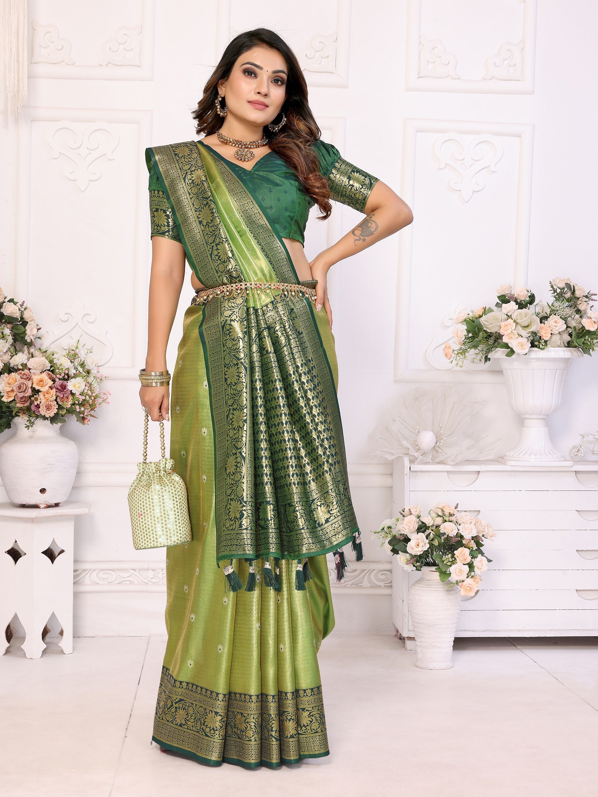 Vedant Vastram Tissue Silk Kanjeevaram Silk Saree - Mahendi - Distacart