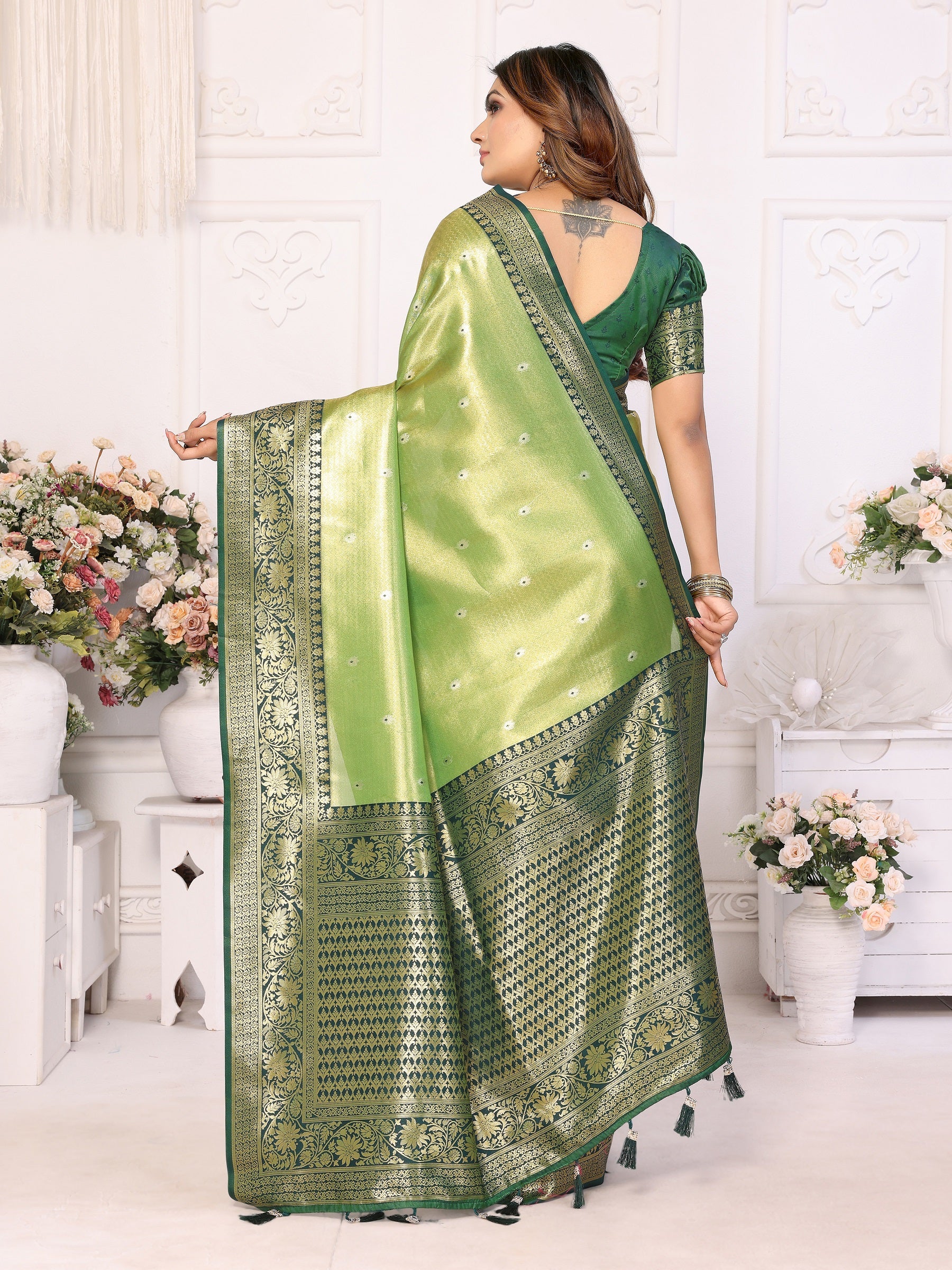Vedant Vastram Tissue Silk Kanjeevaram Silk Saree - Mahendi - Distacart