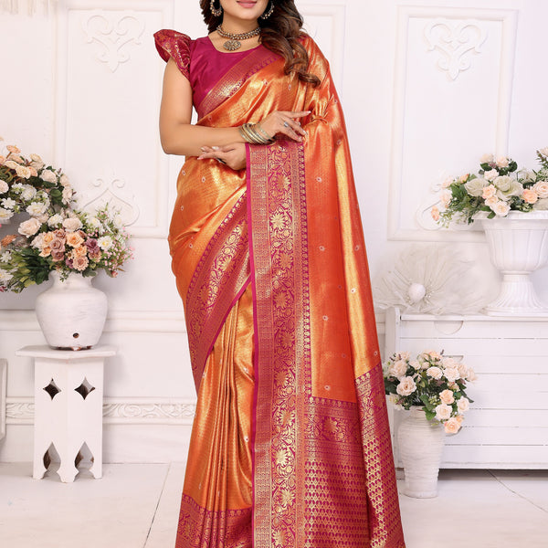 Vedant Vastram Tissue Silk Kanjeevaram Silk Saree - Mustard - Distacart