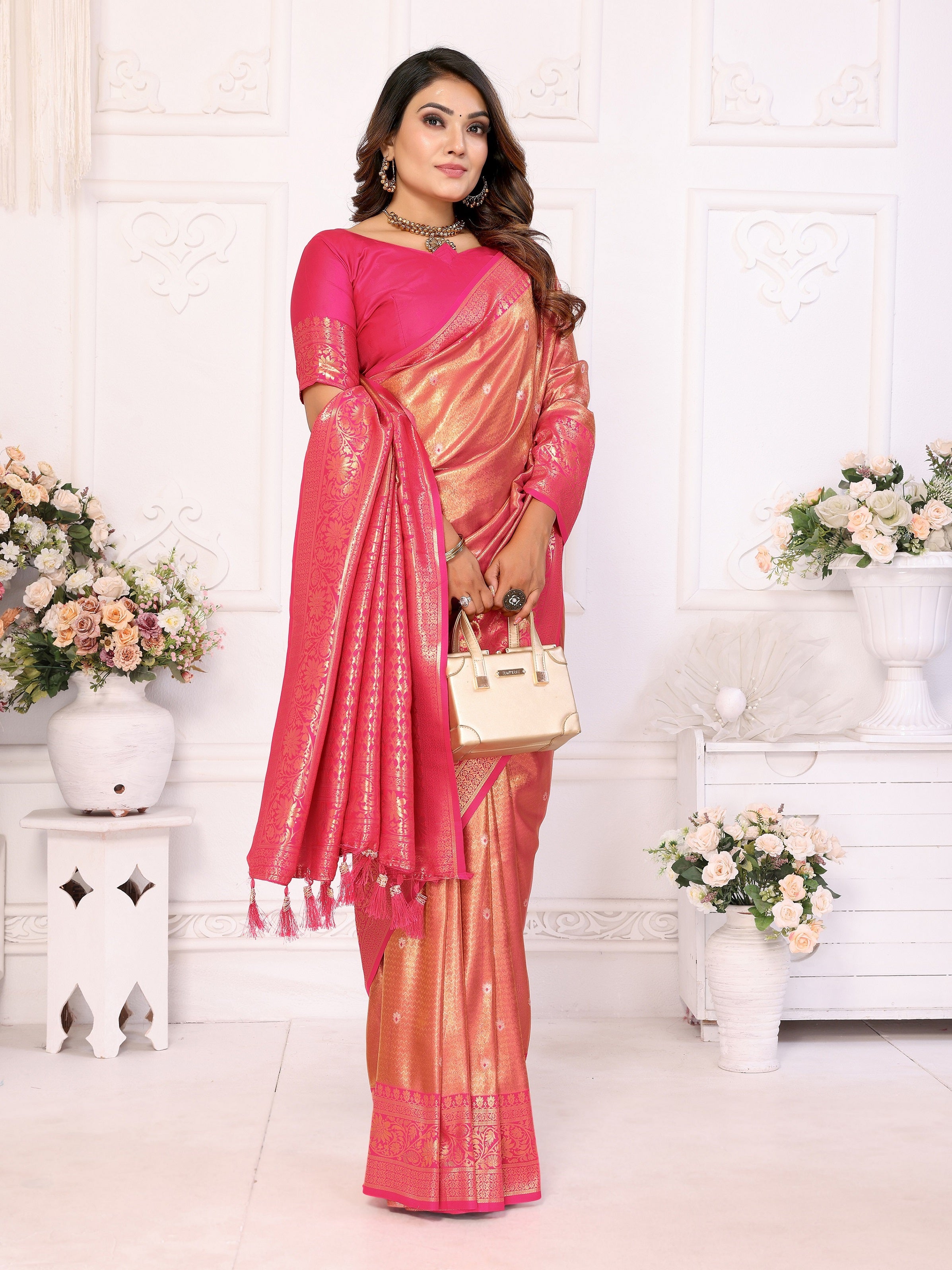 Vedant Vastram Tissue Silk Kanjeevaram Silk Saree - Pink - Distacart