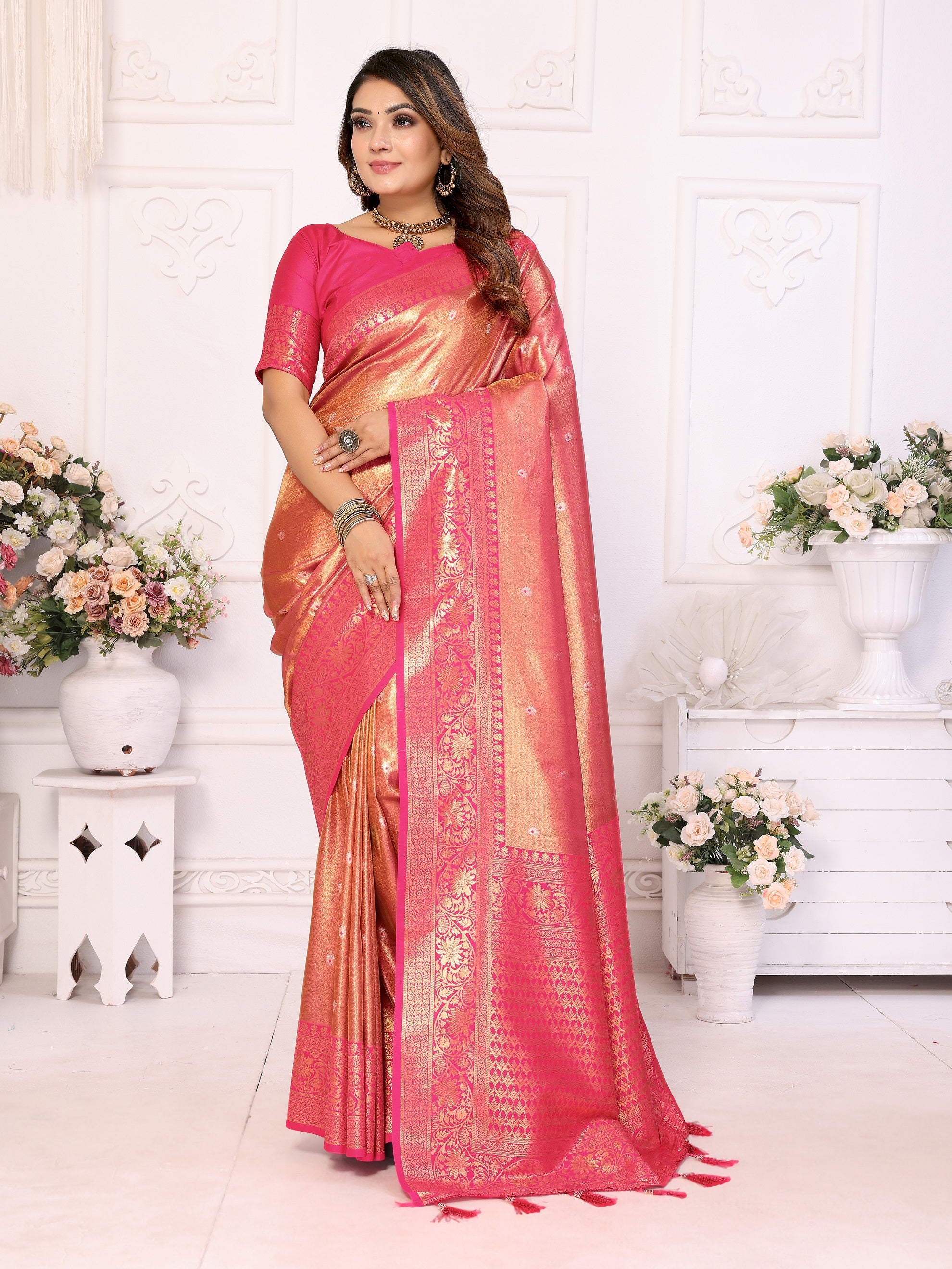 Vedant Vastram Tissue Silk Kanjeevaram Silk Saree - Pink - Distacart